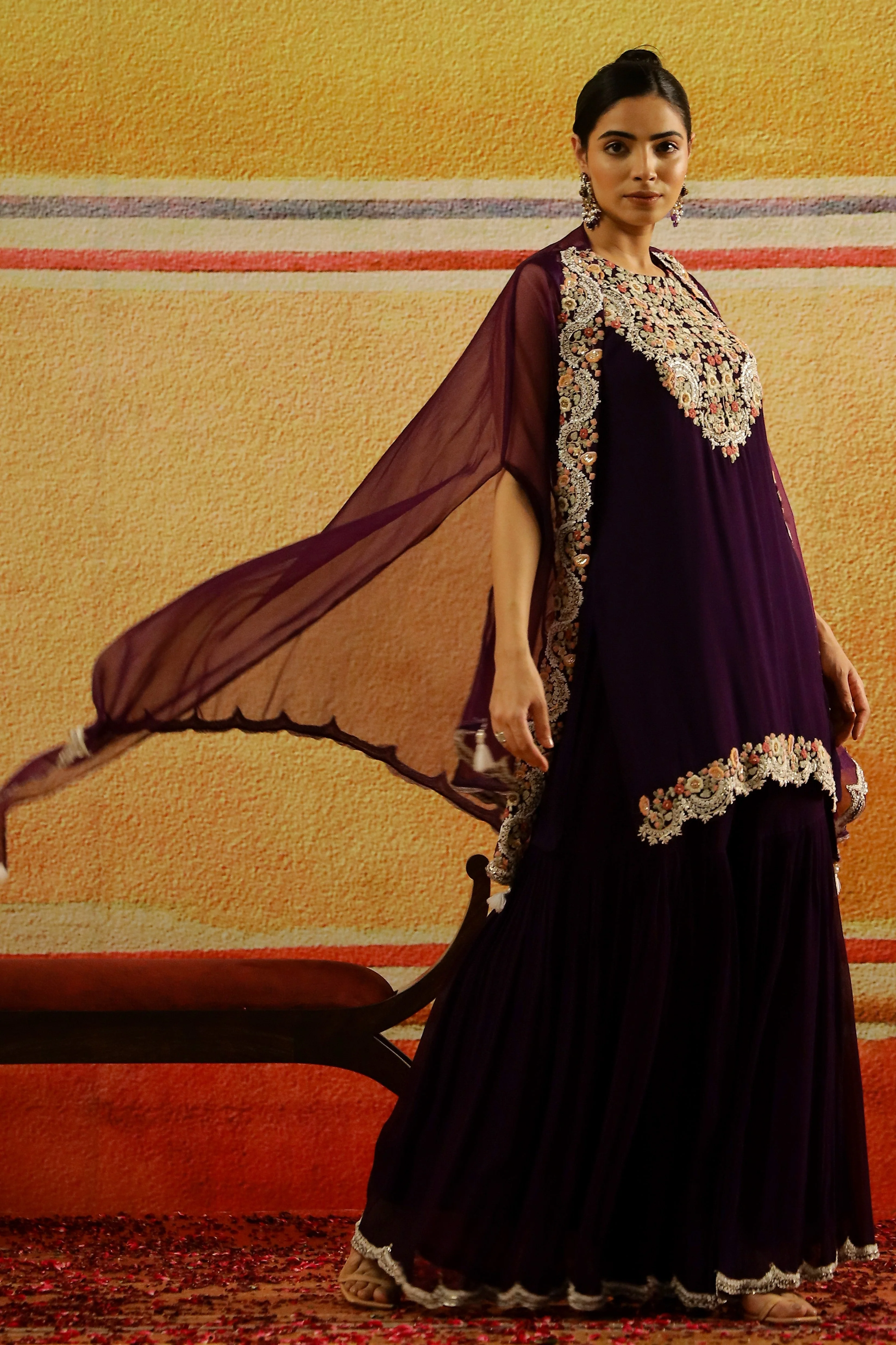 Purple Embroidered Chiffon Silk Sharara Set - Image 3