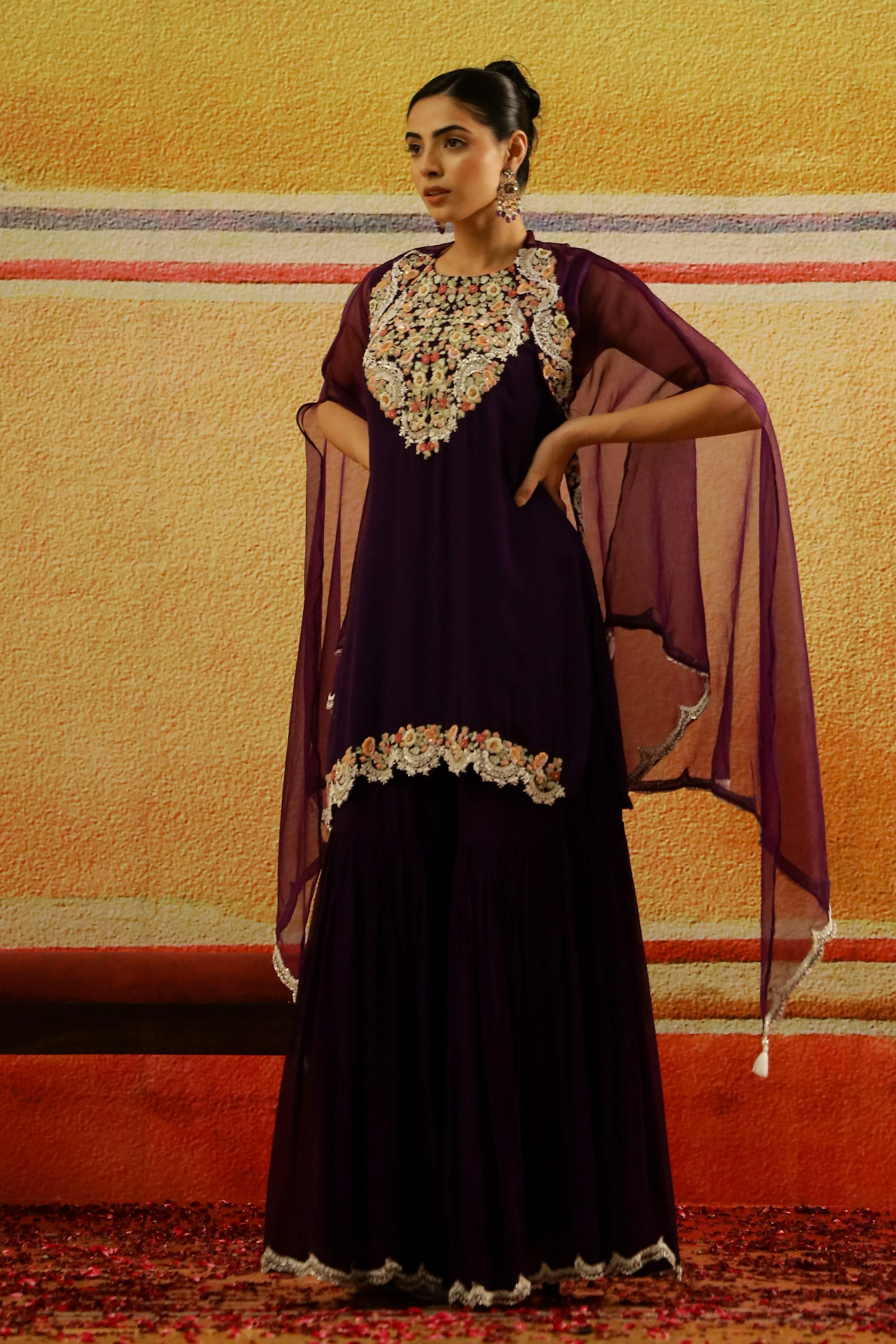 Purple Embroidered Chiffon Silk Sharara Set - Image 4
