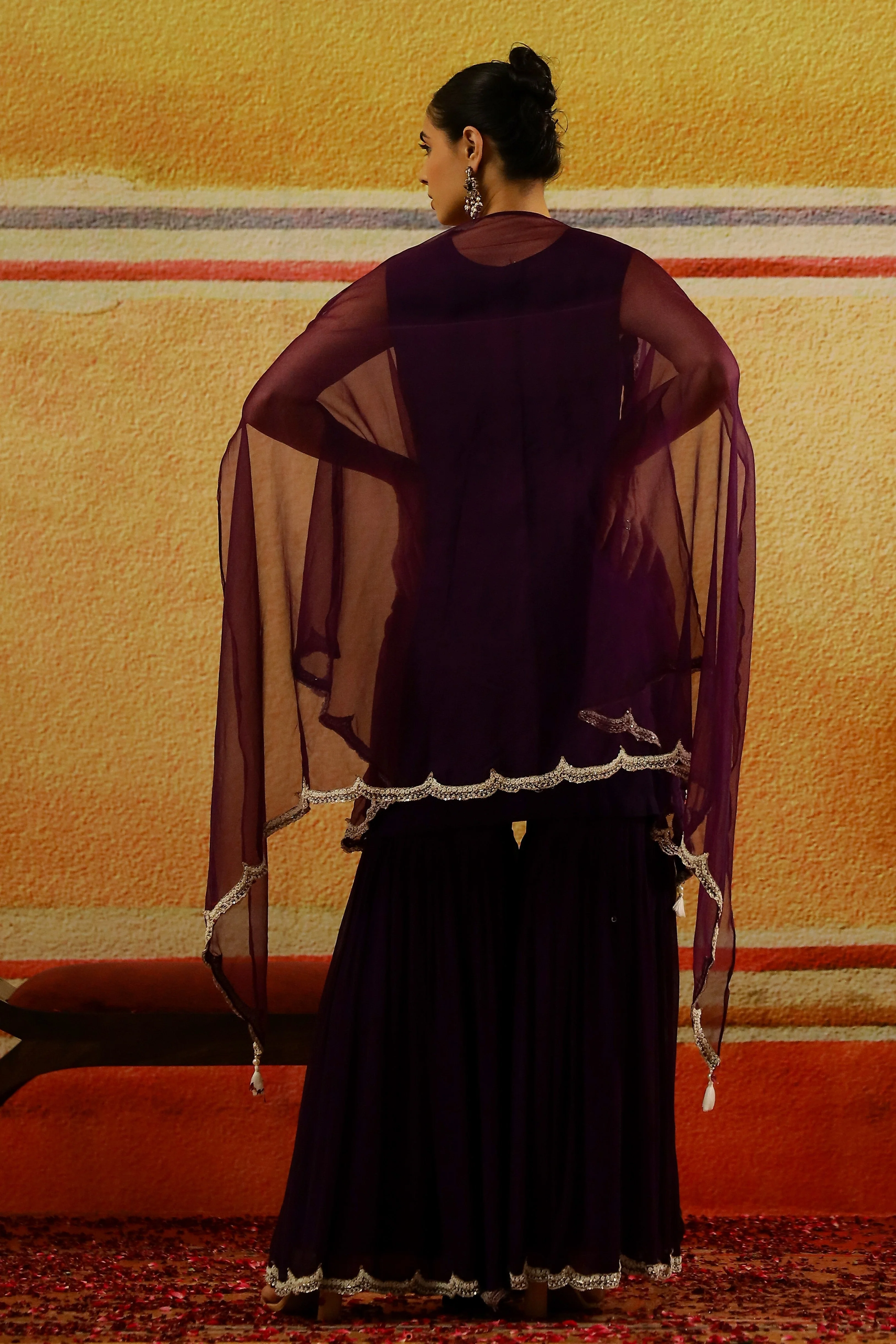 Purple Embroidered Chiffon Silk Sharara Set - Image 5