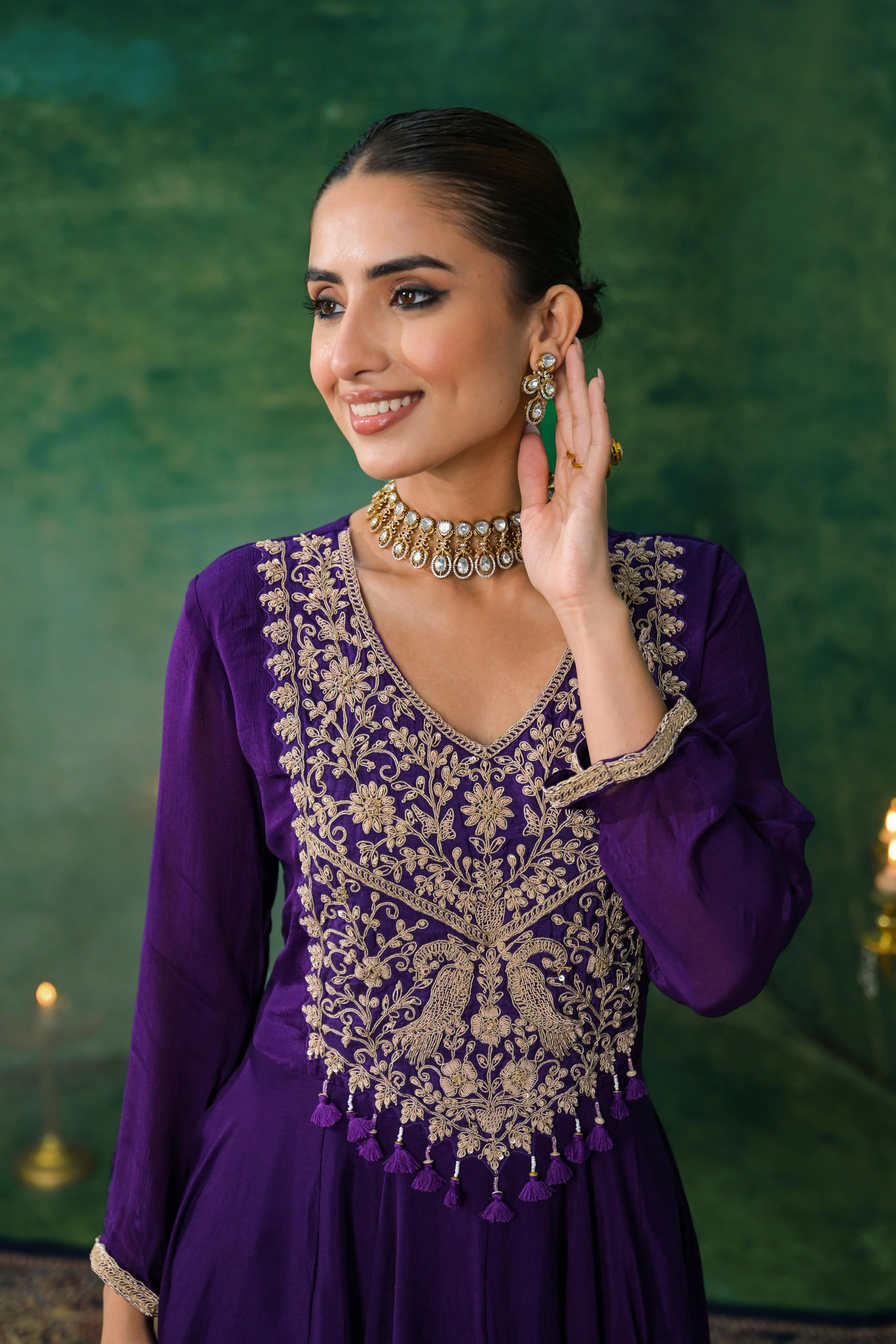 Purple Embroidered Chinon Silk Kurta Set - Image 2
