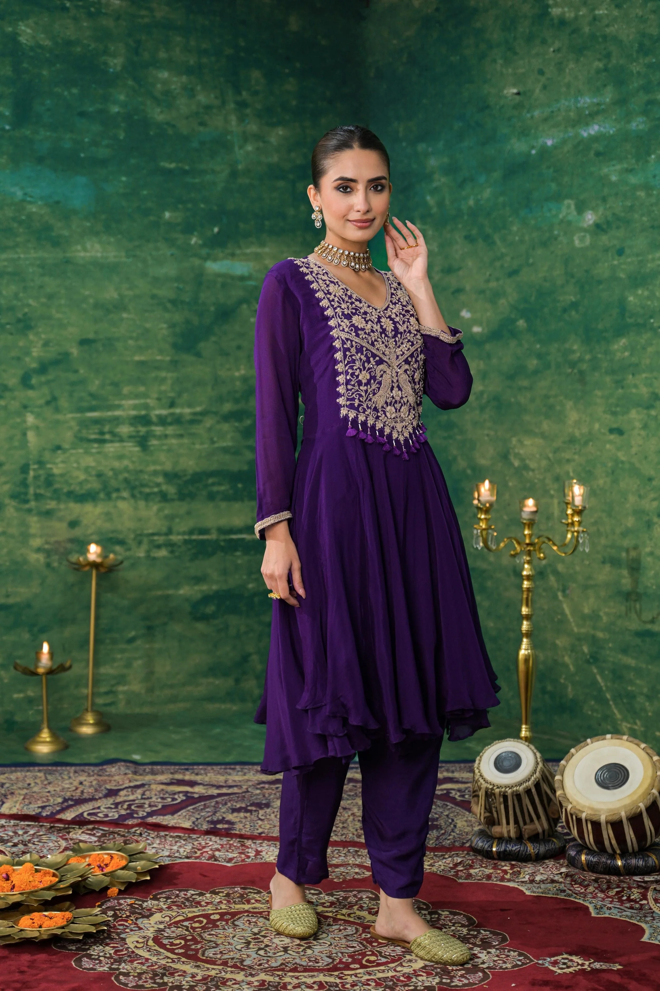 Purple Embroidered Chinon Silk Kurta Set - Image 3
