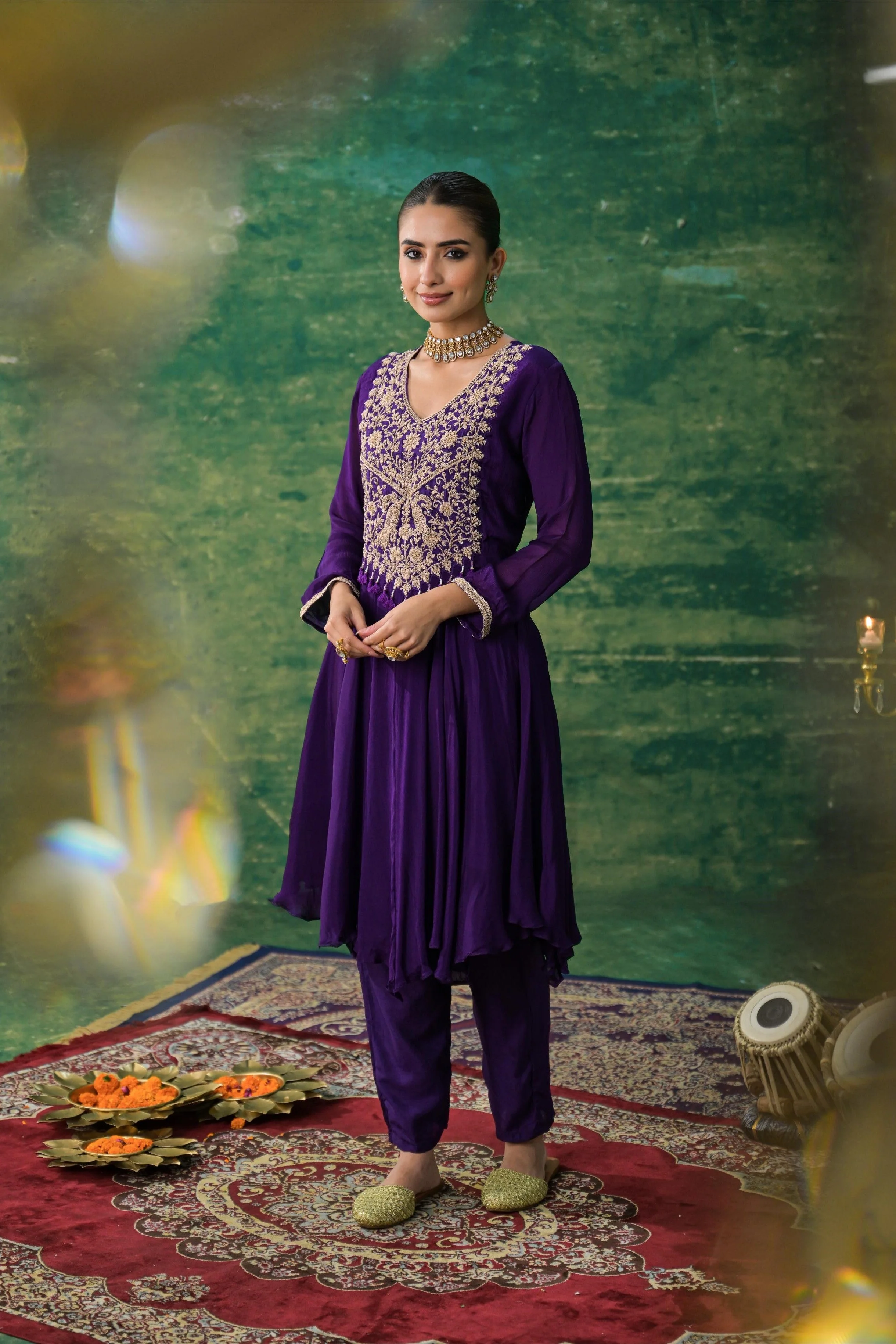 Purple Embroidered Chinon Silk Kurta Set - Image 4