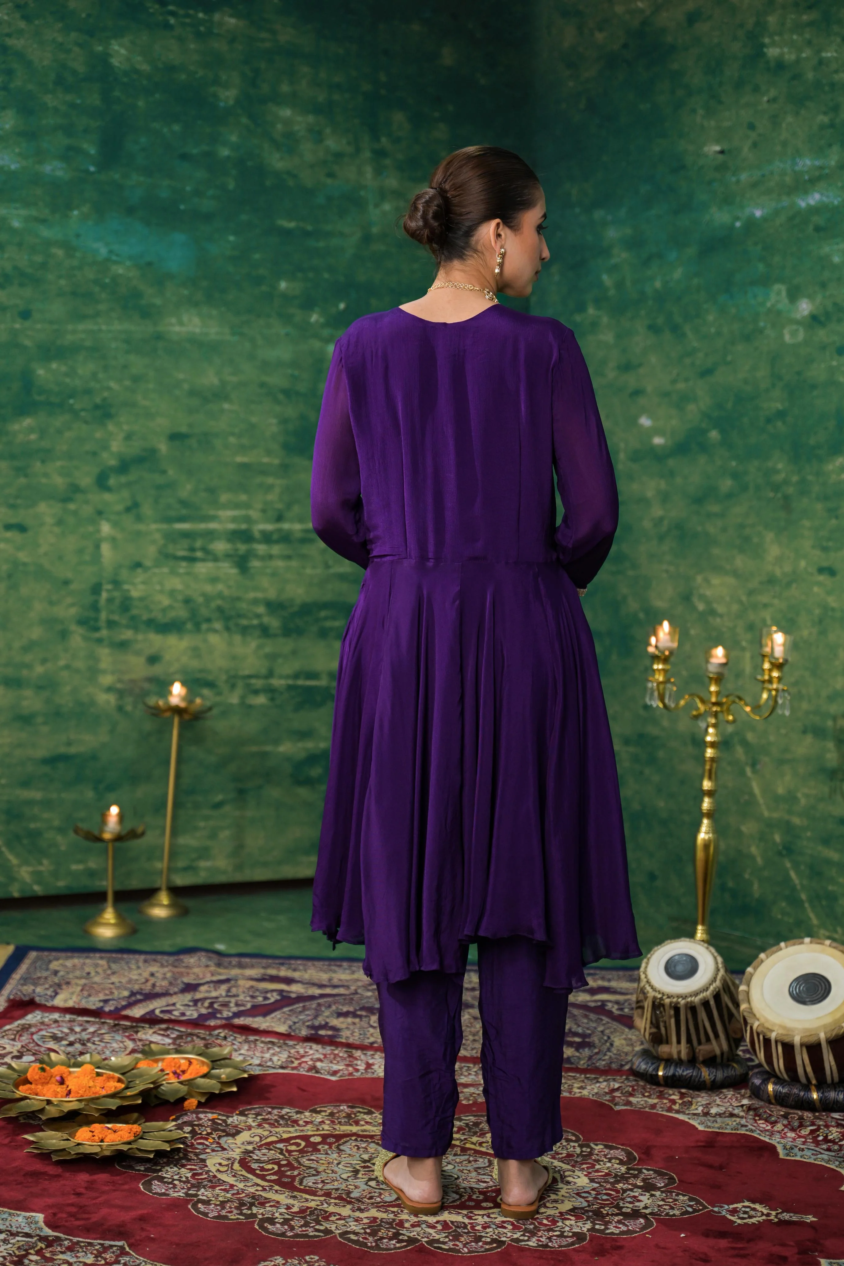 Purple Embroidered Chinon Silk Kurta Set - Image 5