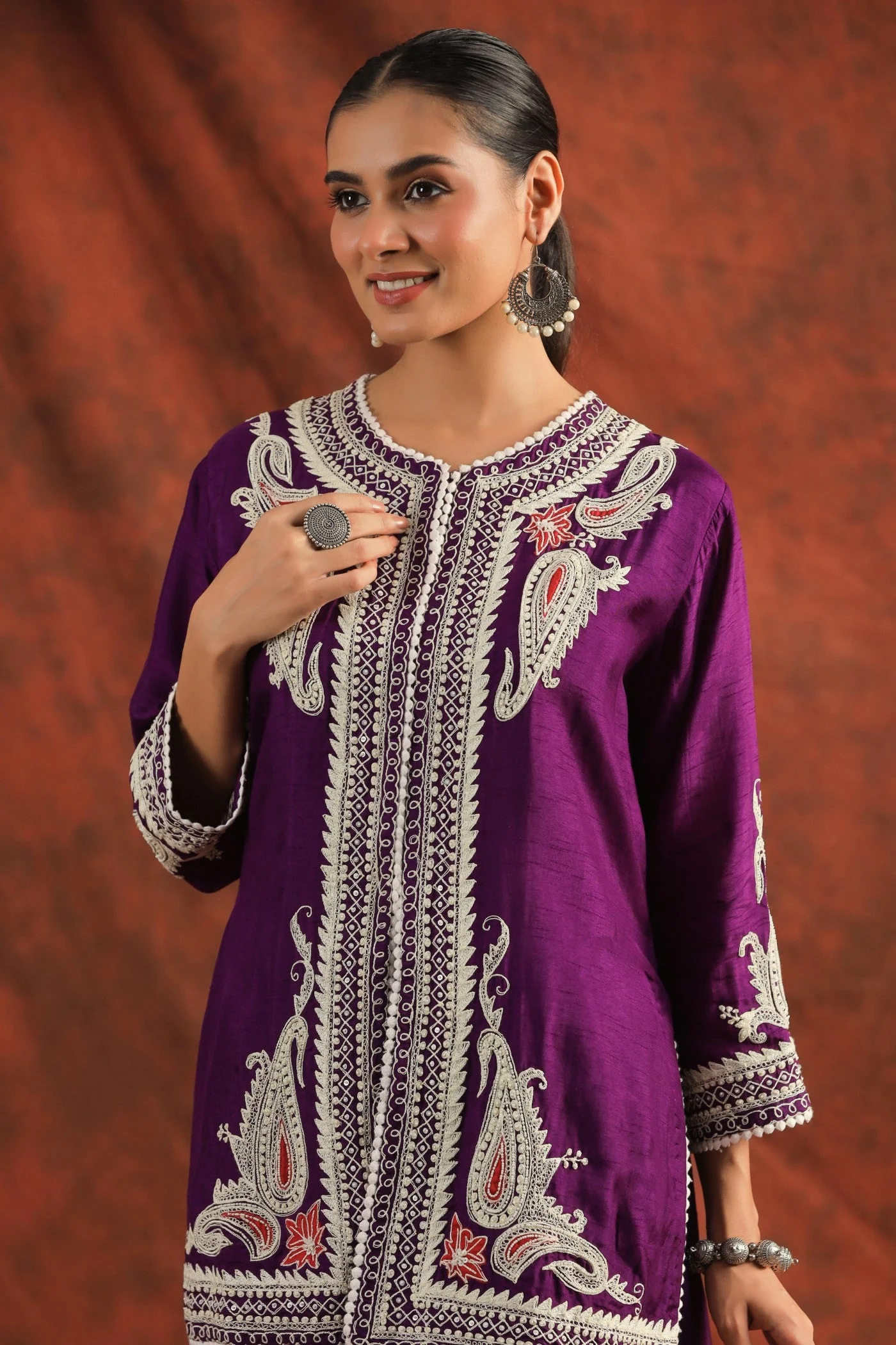 Purple Embroidered Dola Silk Tunic with Palazzo - Image 2