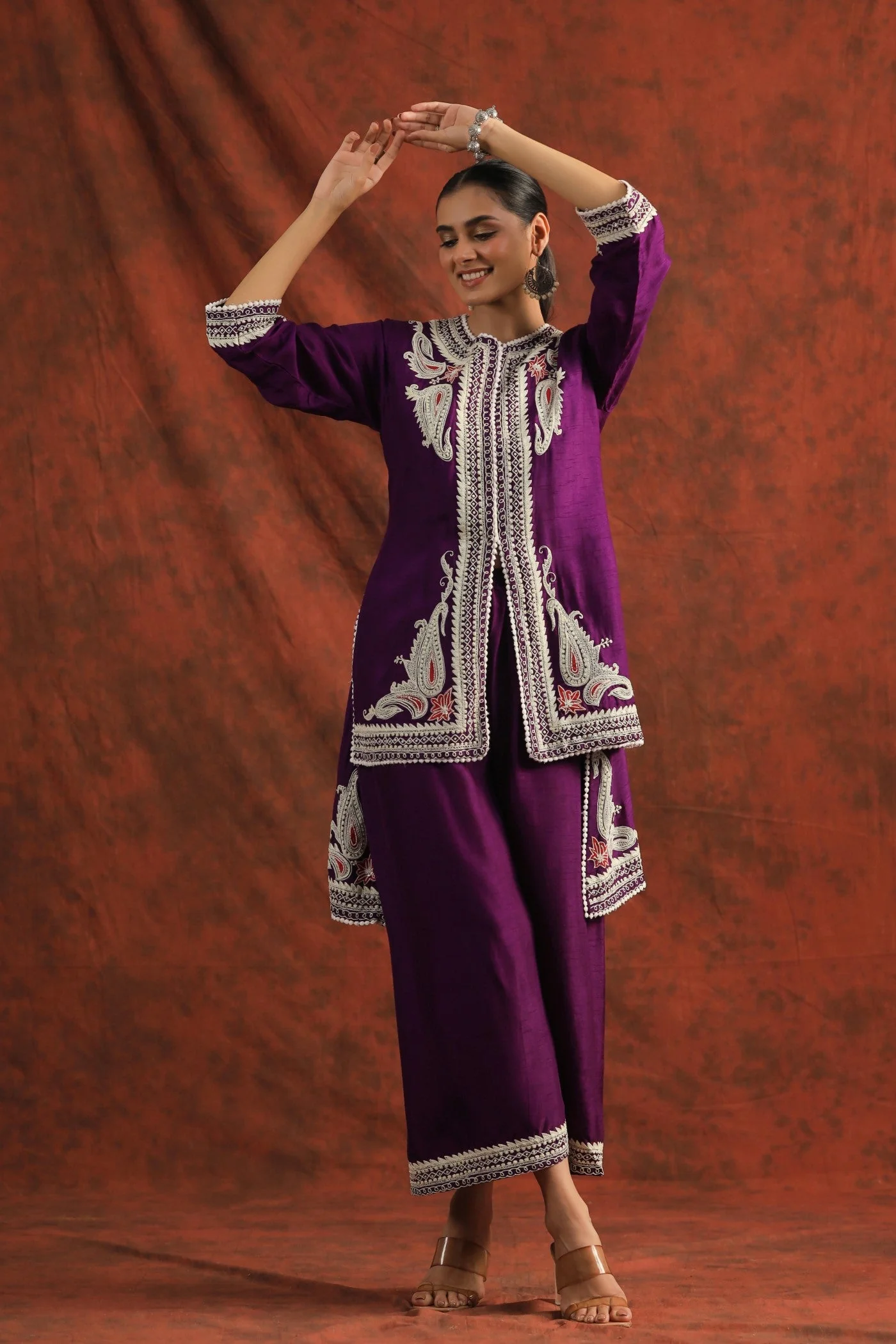 Purple Embroidered Dola Silk Tunic with Palazzo - Image 3