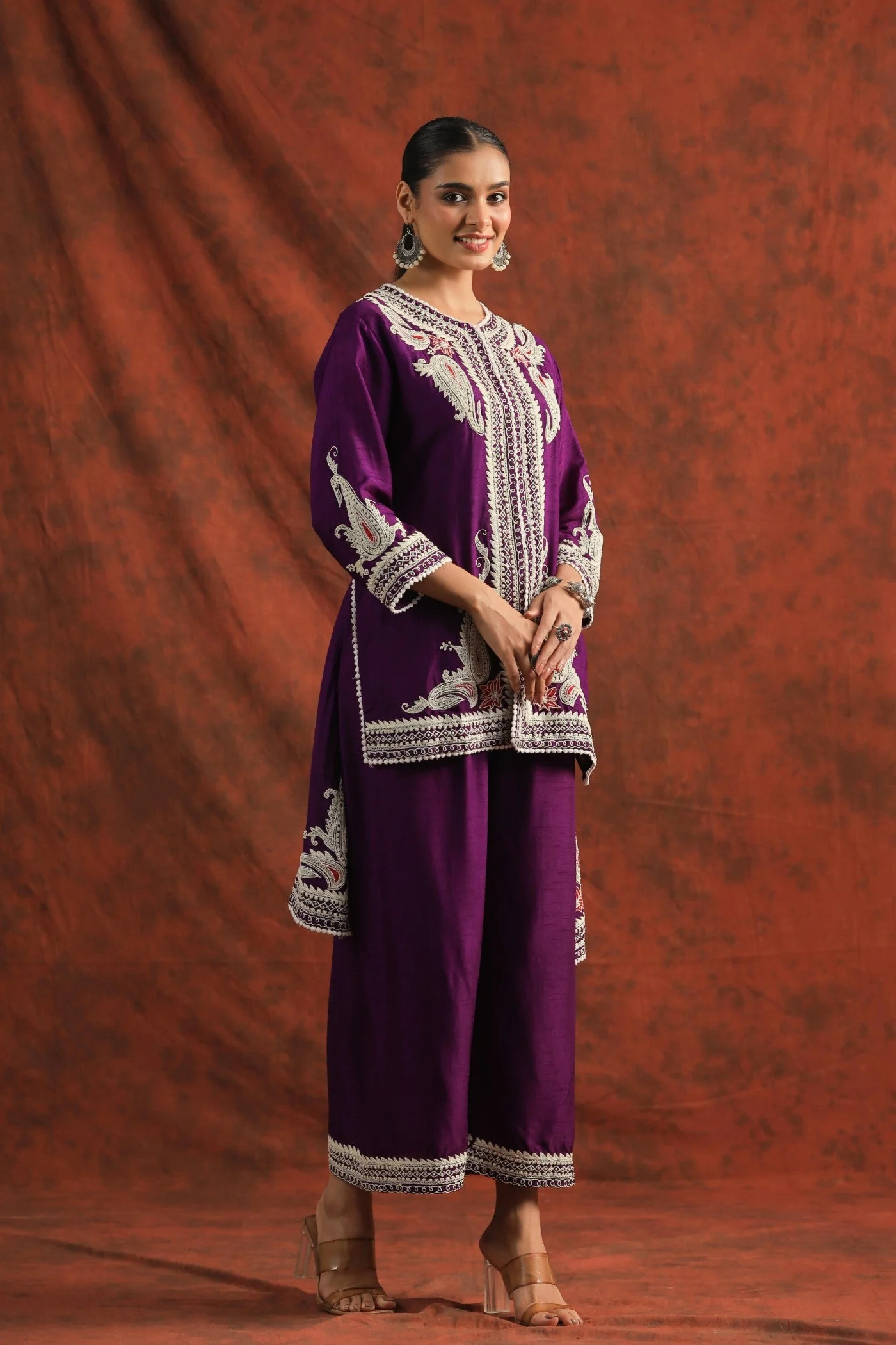 Purple Embroidered Dola Silk Tunic with Palazzo - Image 4