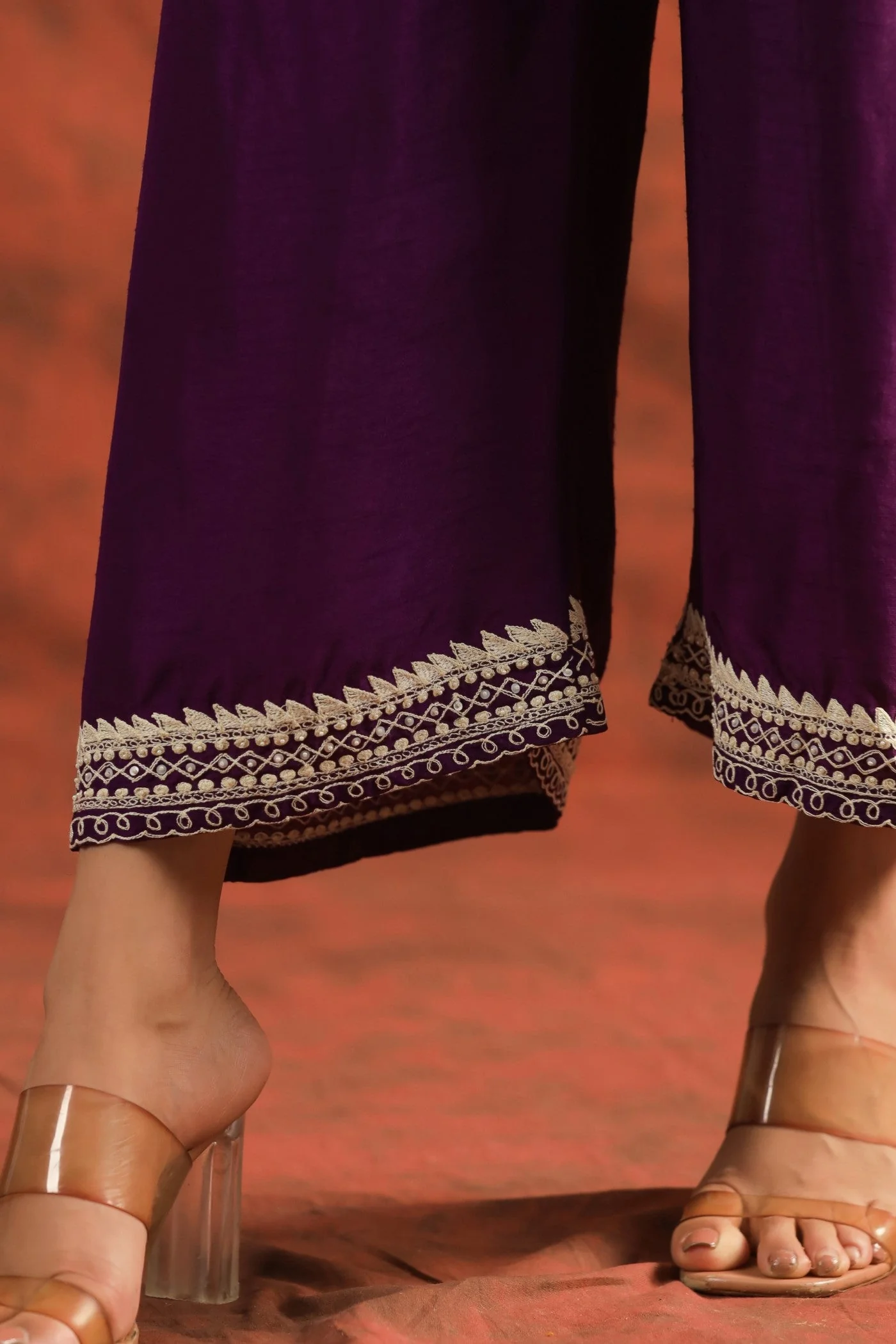 Purple Embroidered Dola Silk Tunic with Palazzo - Image 5