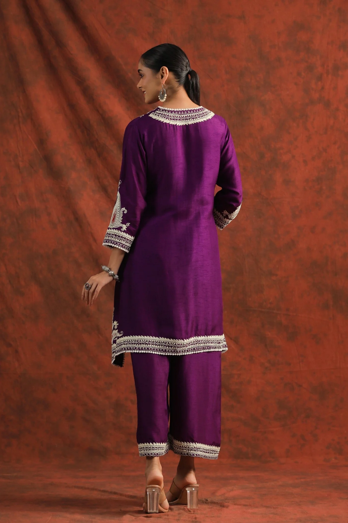 Purple Embroidered Dola Silk Tunic with Palazzo - Image 6