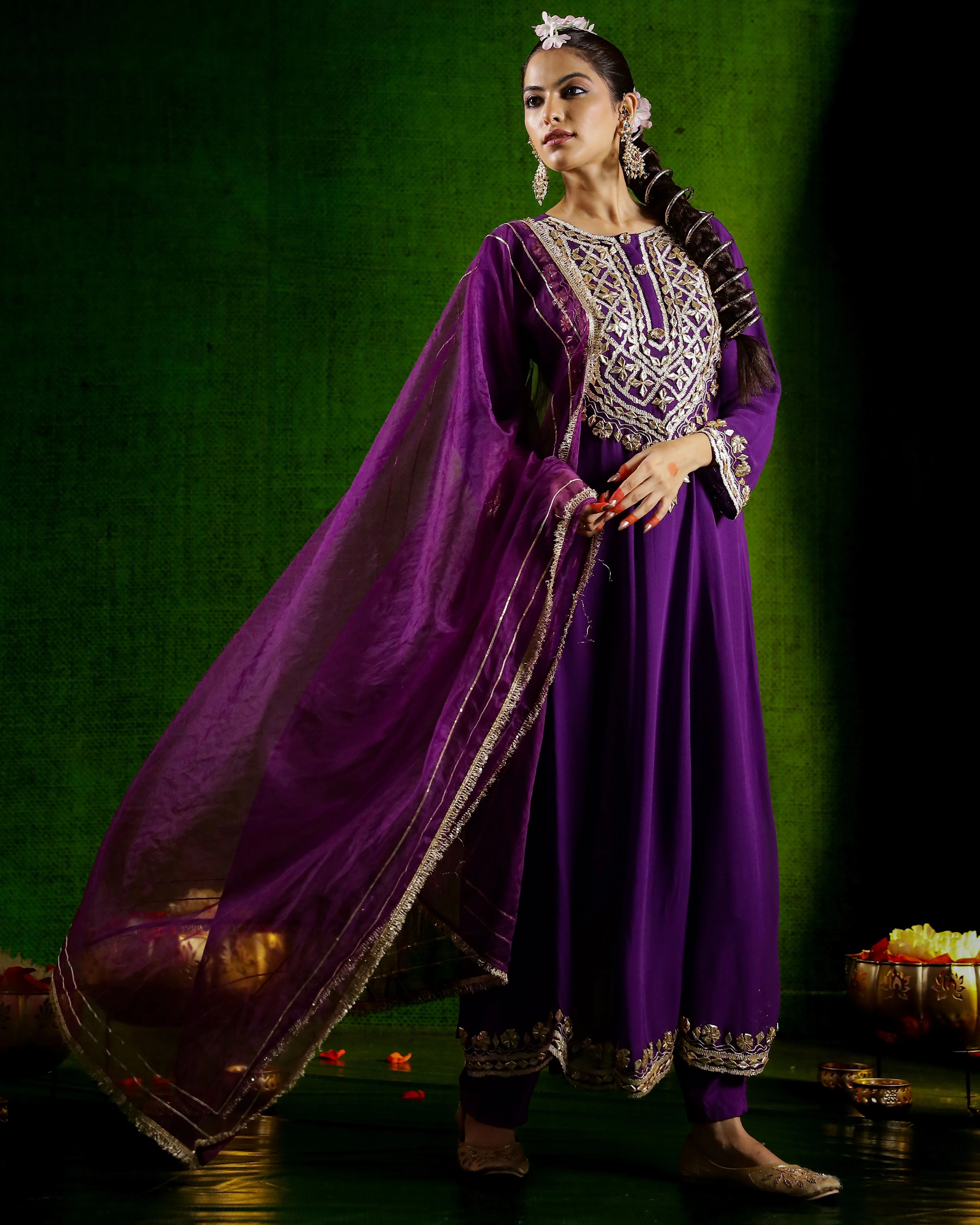 Purple Embroidered Georgette Silk Anarkali Set - Image 3