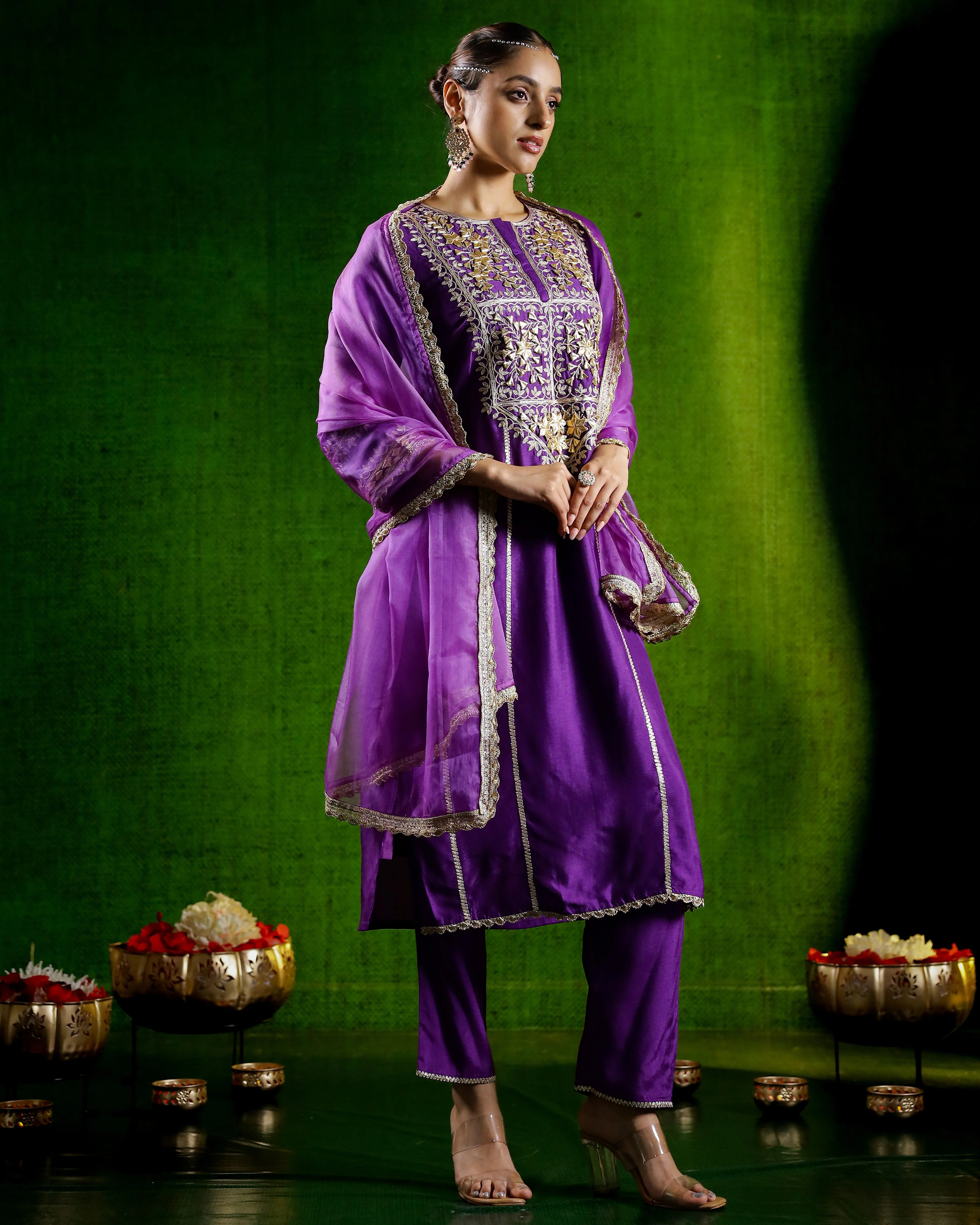 Purple Embroidered German Silk Pants Set - Image 3