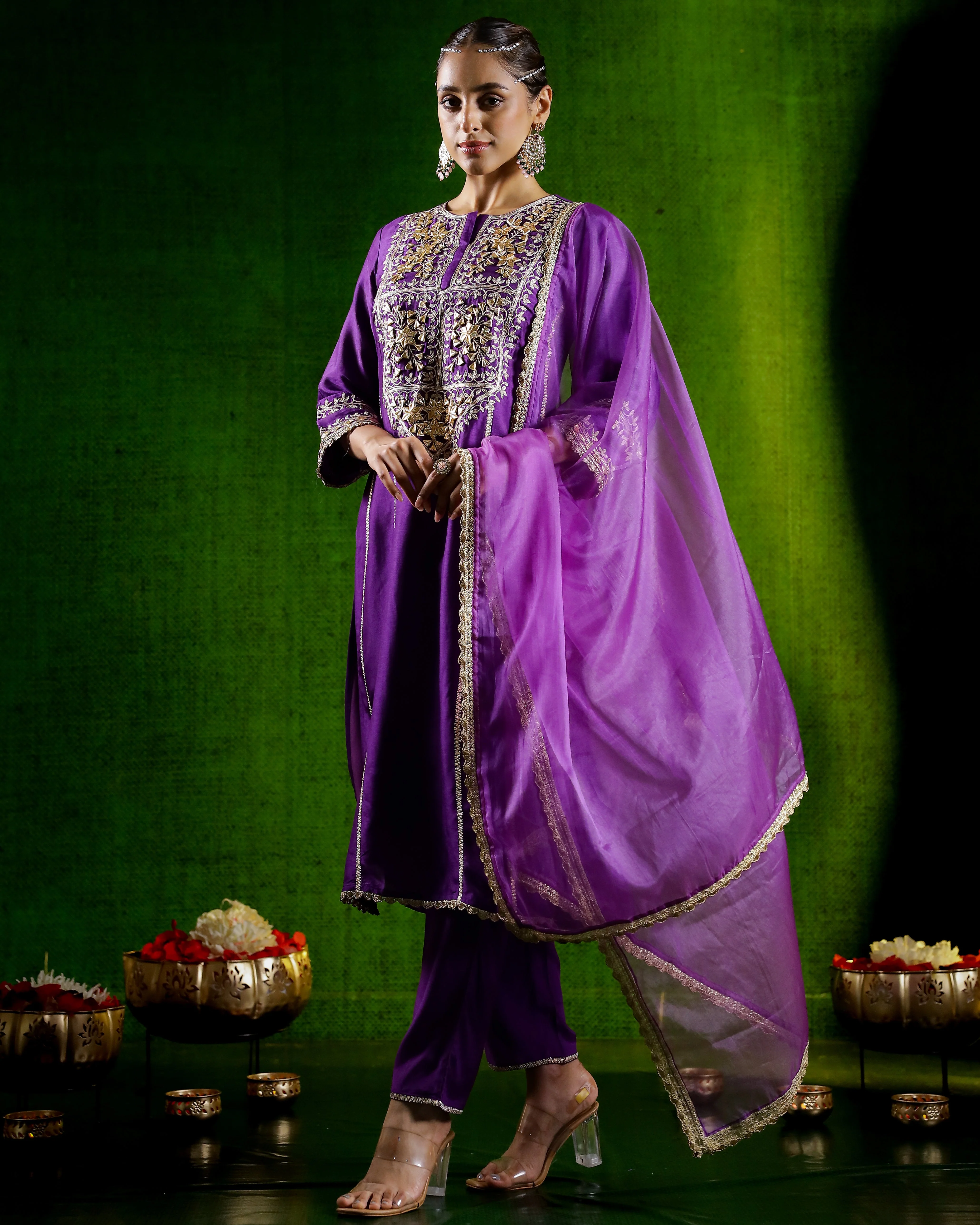 Purple Embroidered German Silk Pants Set - Image 4
