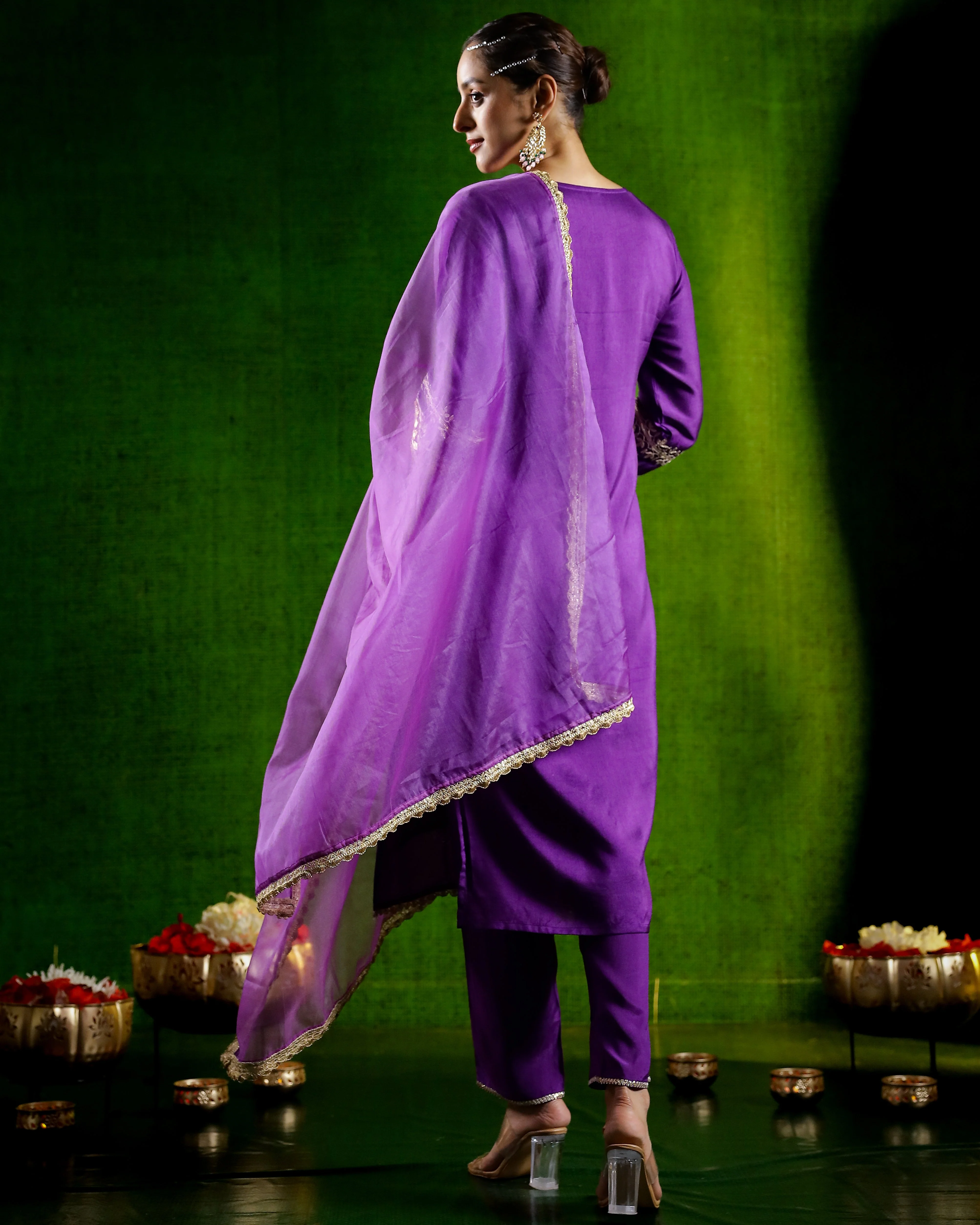 Purple Embroidered German Silk Pants Set - Image 5