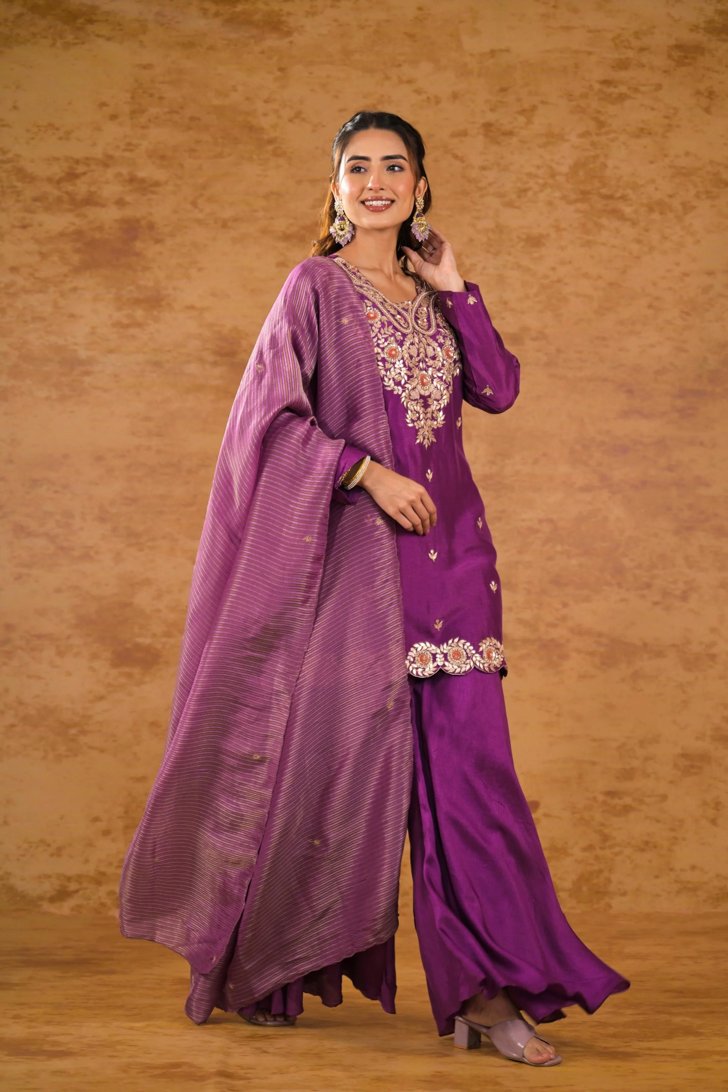 Purple Embroidered Pure Silk Sharara Set - Image 3