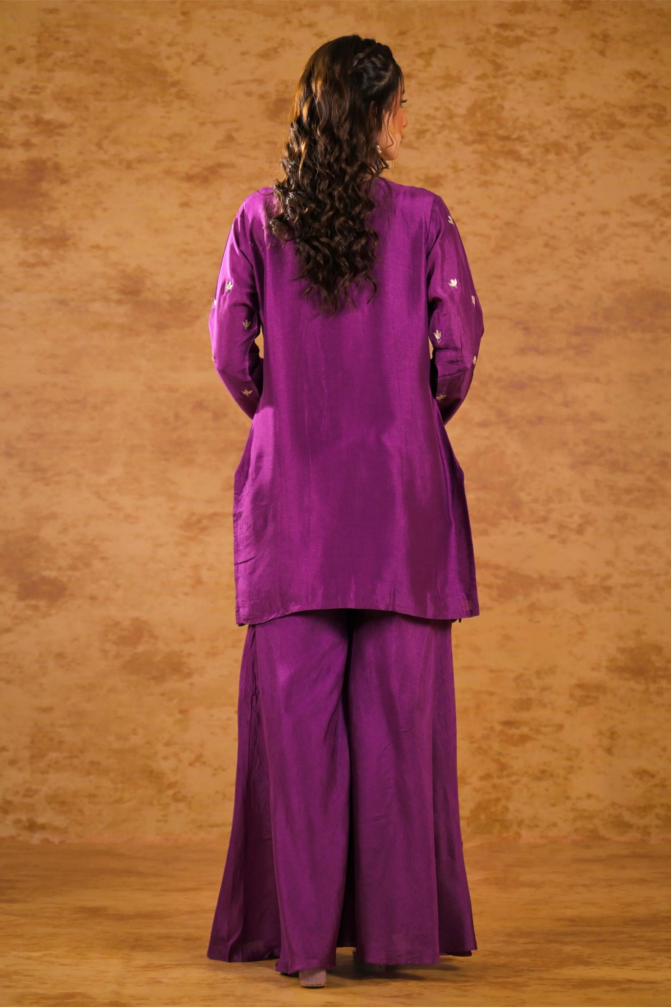Purple Embroidered Pure Silk Sharara Set - Image 4