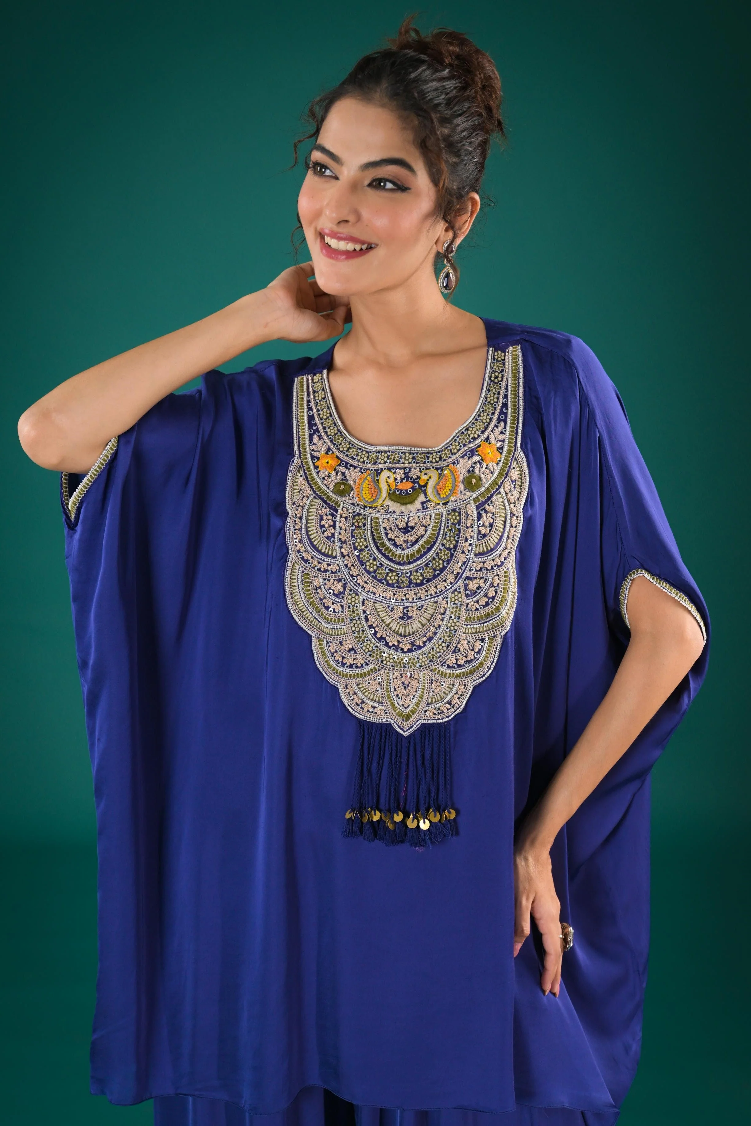 Purple Embroidered Satin Silk Kaftan Set - Image 2