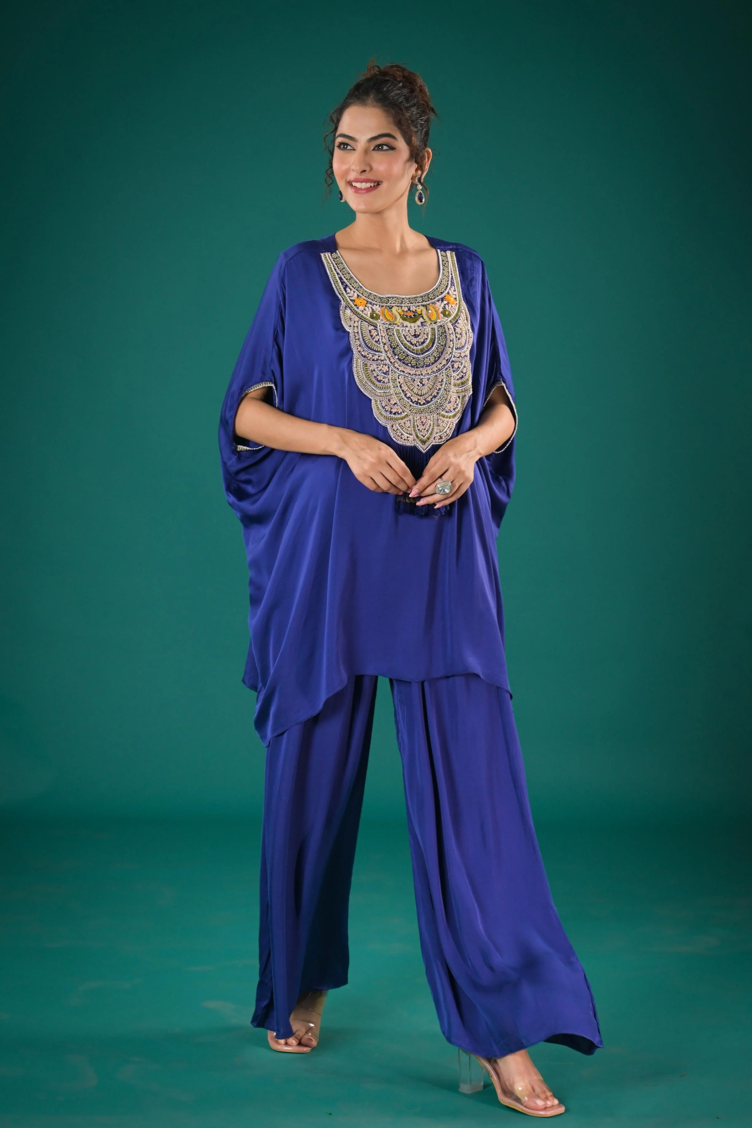 Purple Embroidered Satin Silk Kaftan Set - Image 3