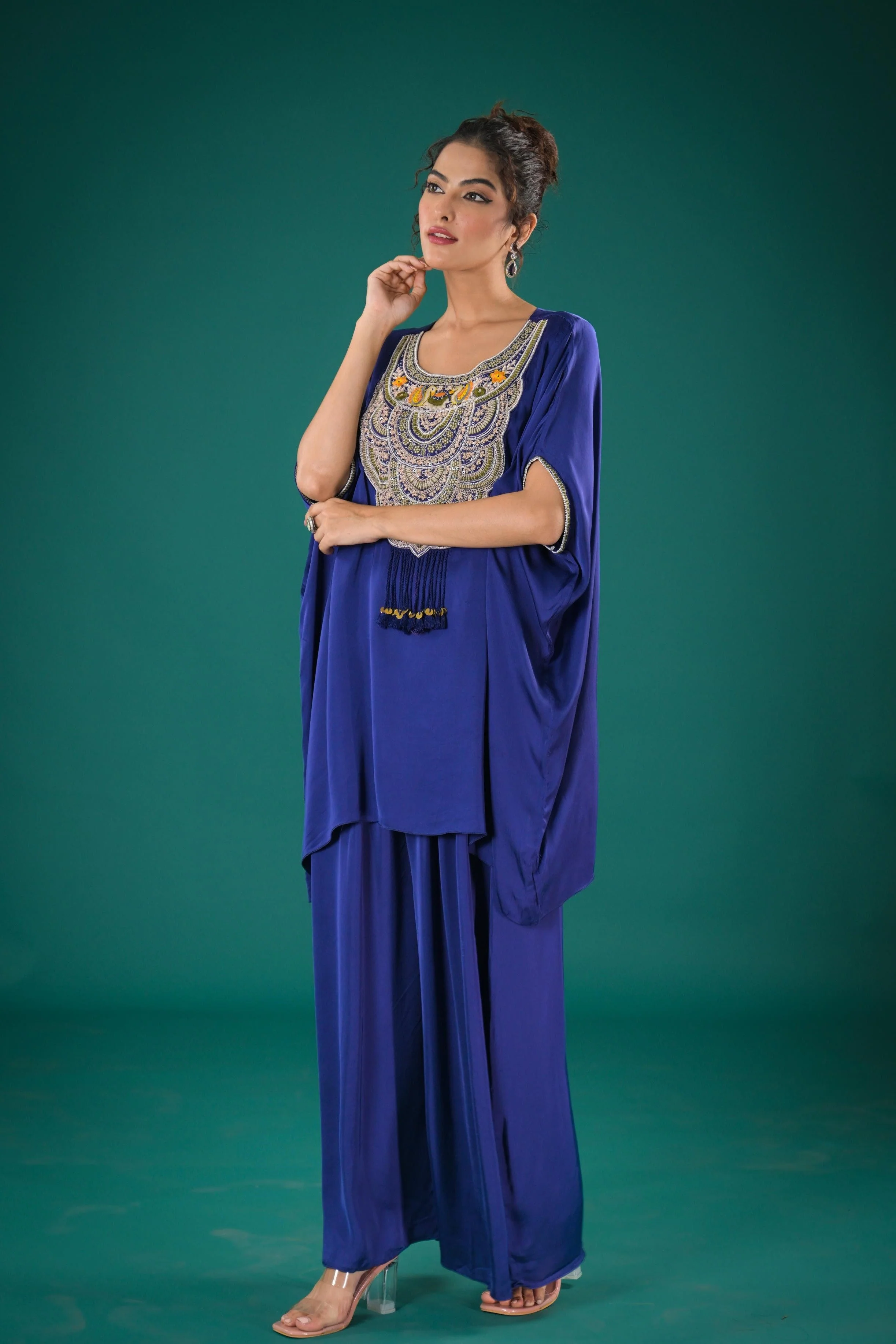 Purple Embroidered Satin Silk Kaftan Set - Image 4