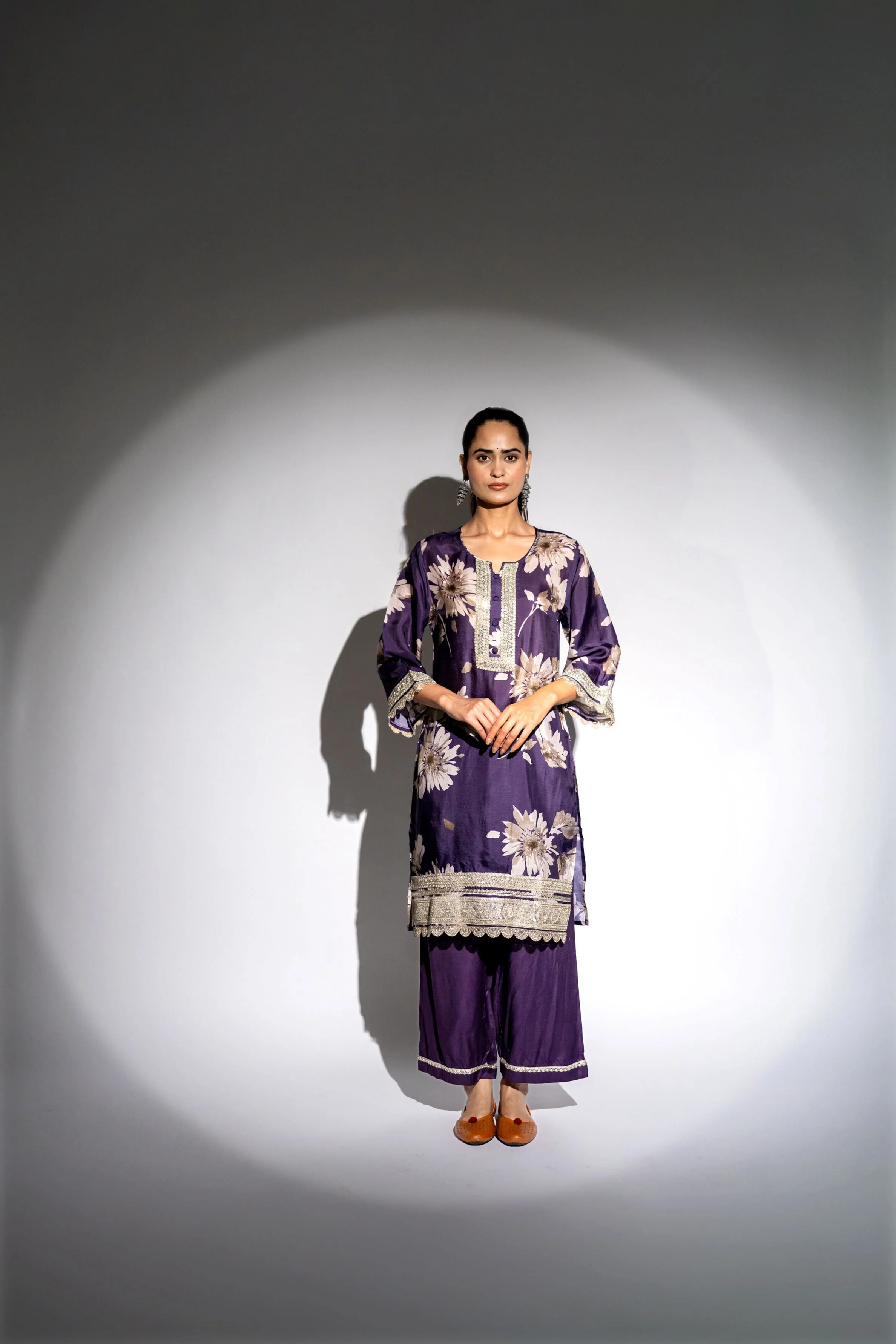 Purple Floral Printed Premium Silk Kurta Set