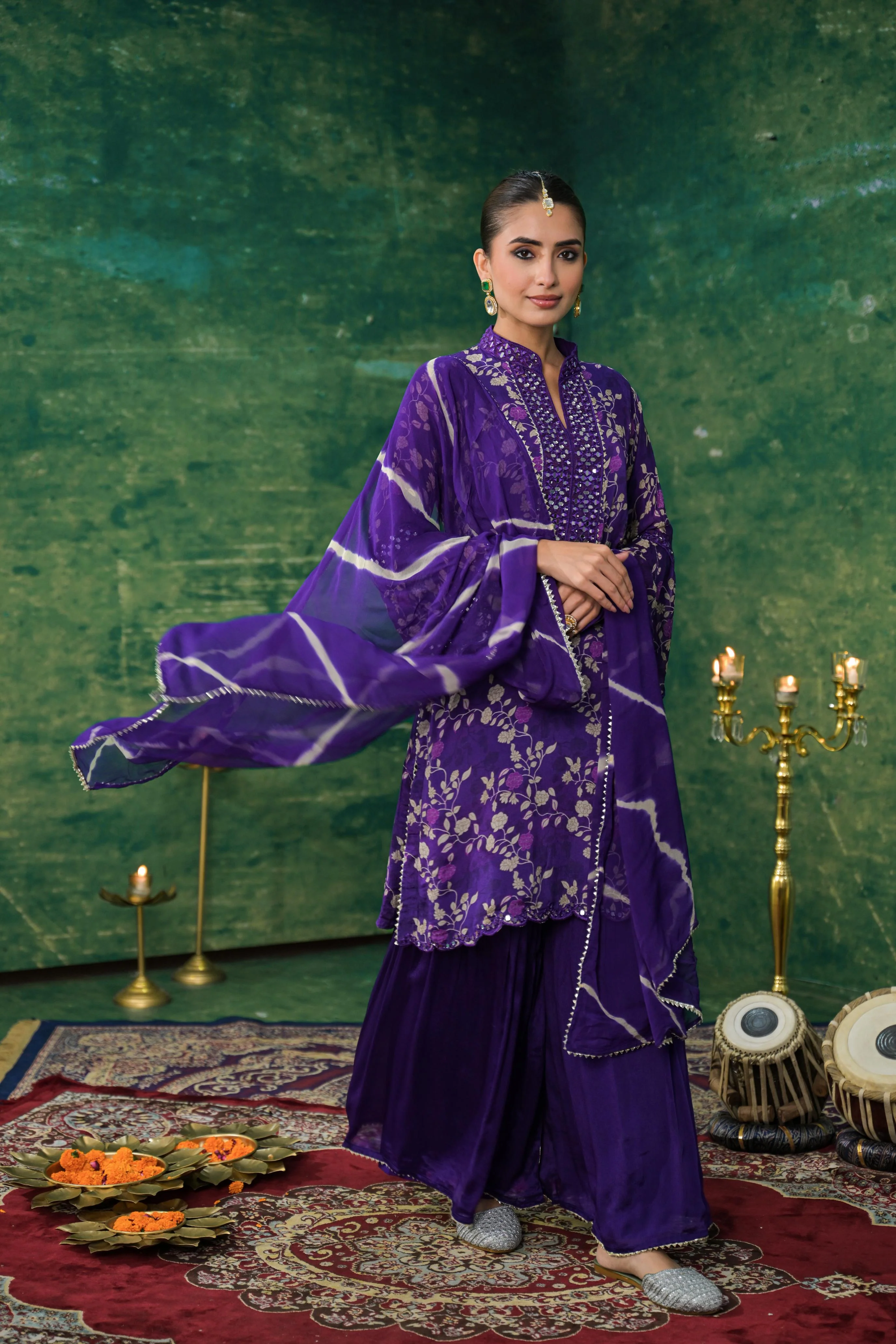 Purple Floral Printed Chinon Silk Sharara Set - Image 3