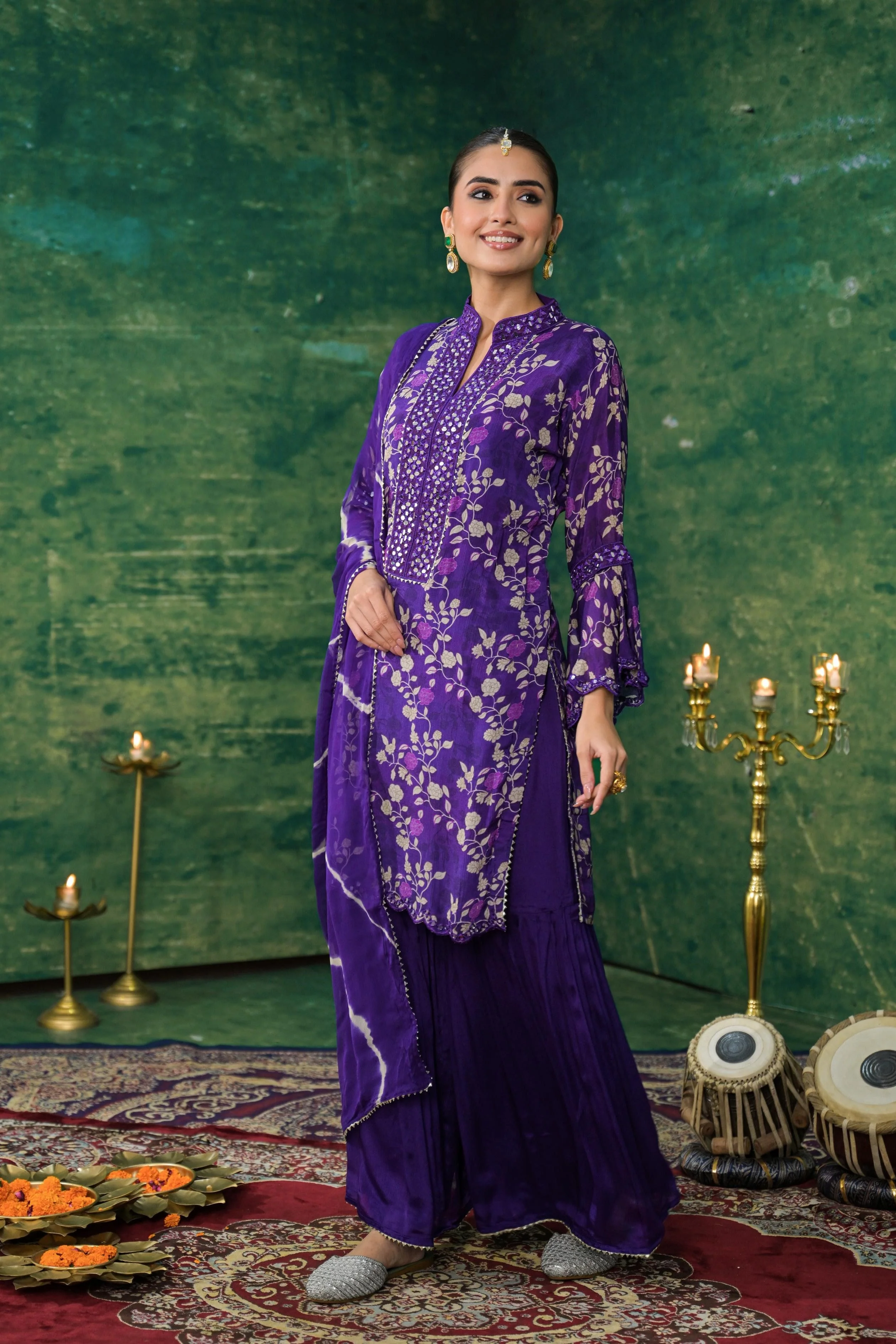 Purple Floral Printed Chinon Silk Sharara Set - Image 4