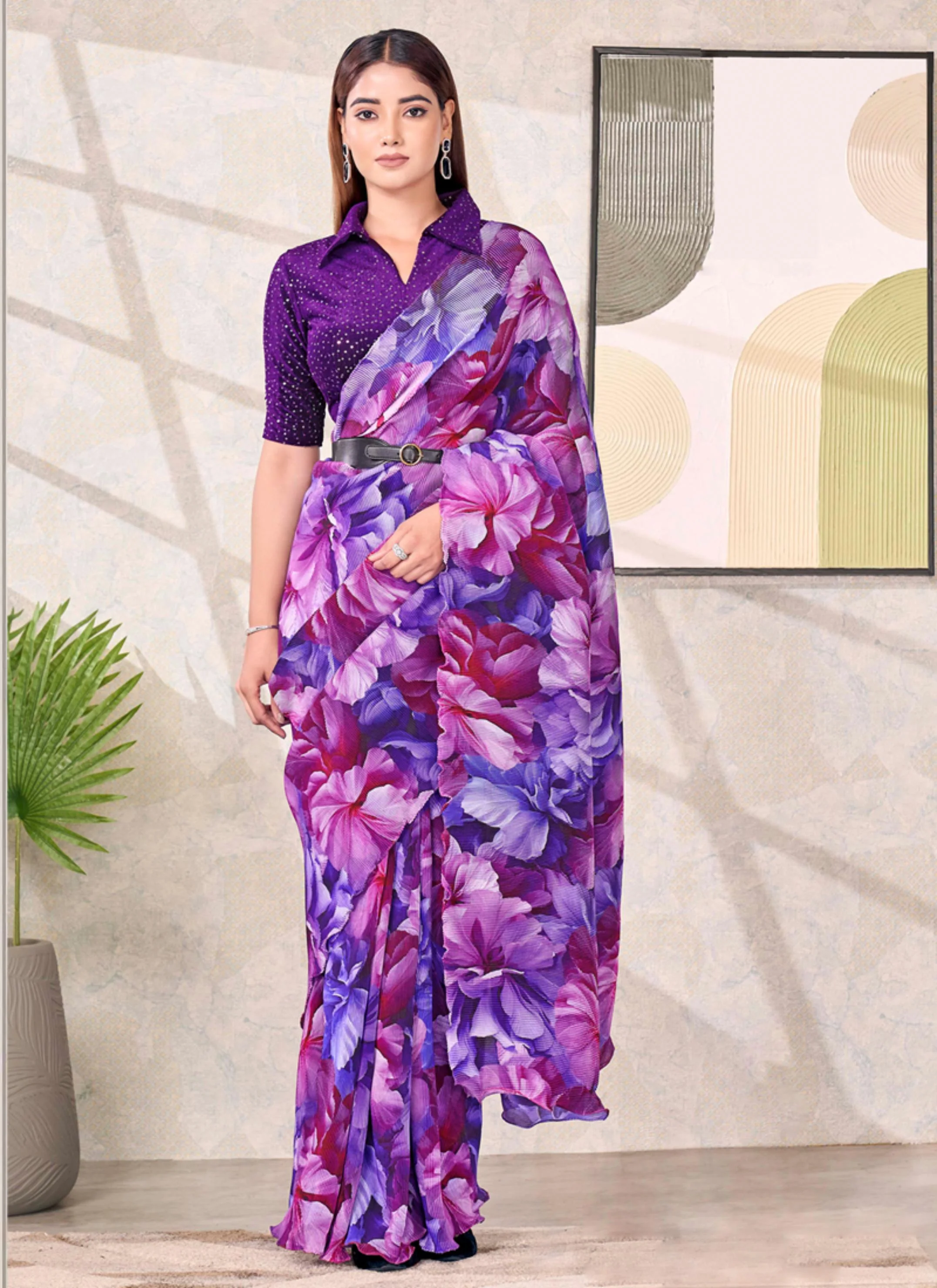 Purple Floral Satin Silk Saree with Velvet Blouse