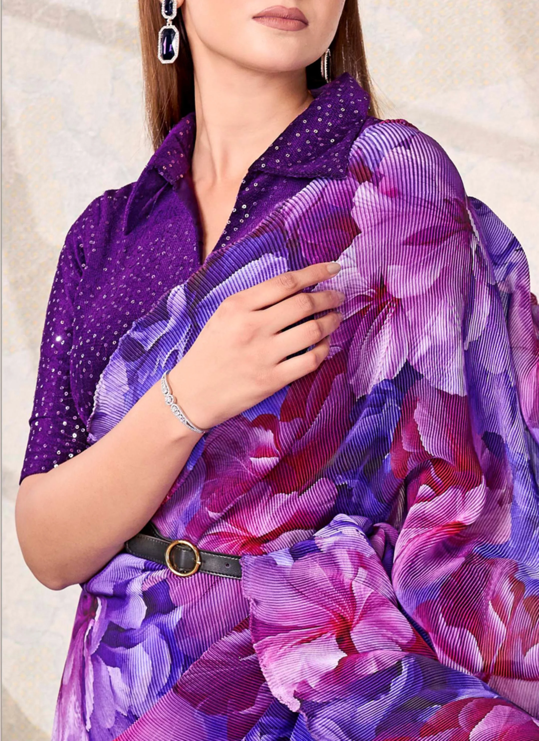 Purple Floral Satin Silk Saree with Velvet Blouse - Image 2