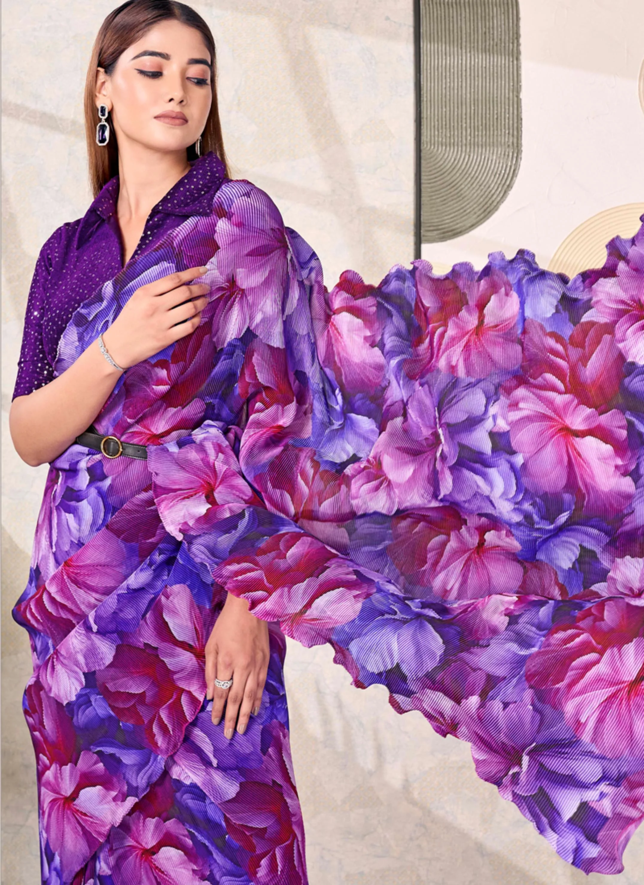 Purple Floral Satin Silk Saree with Velvet Blouse - Image 3