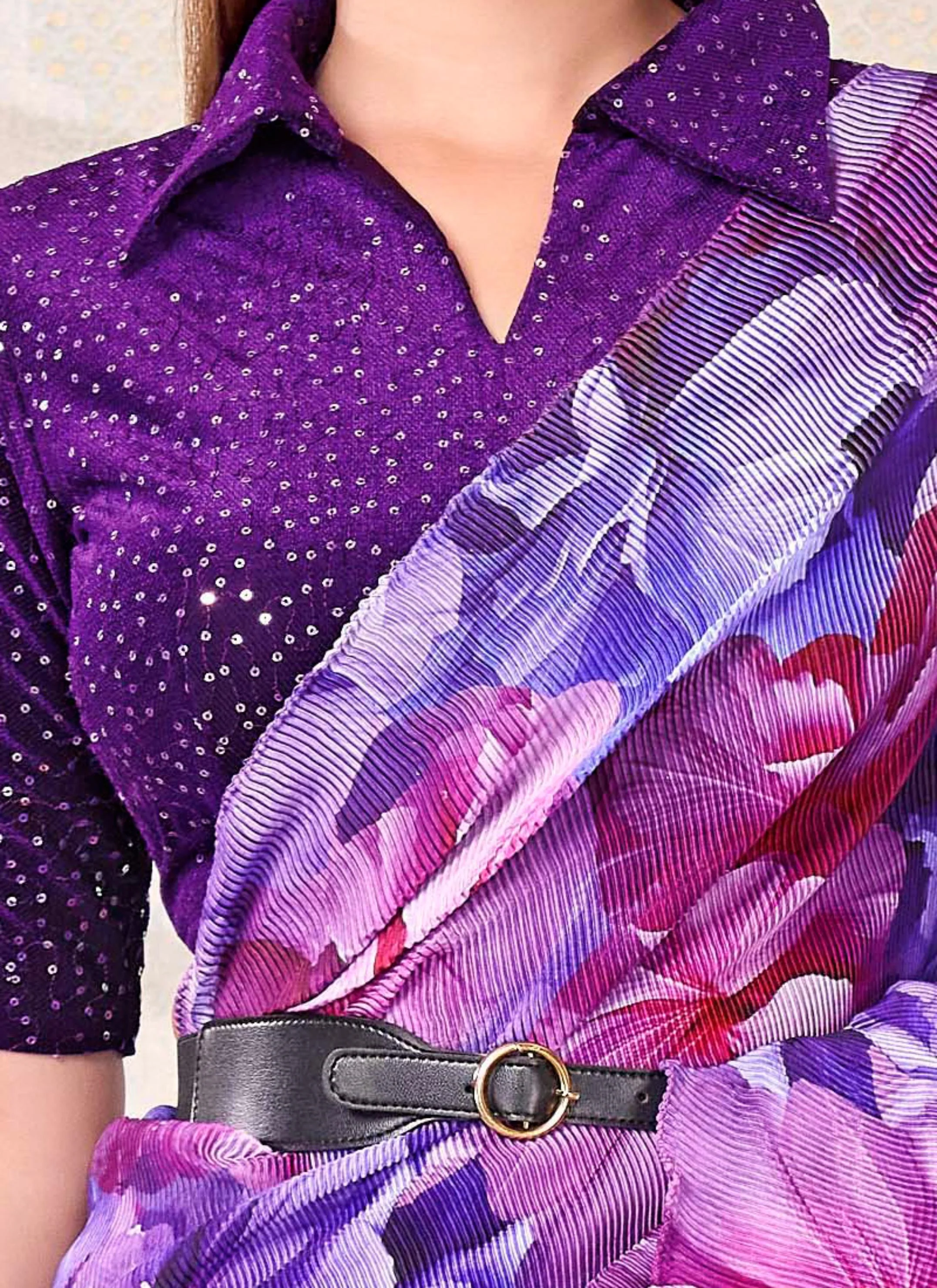 Purple Floral Satin Silk Saree with Velvet Blouse - Image 5
