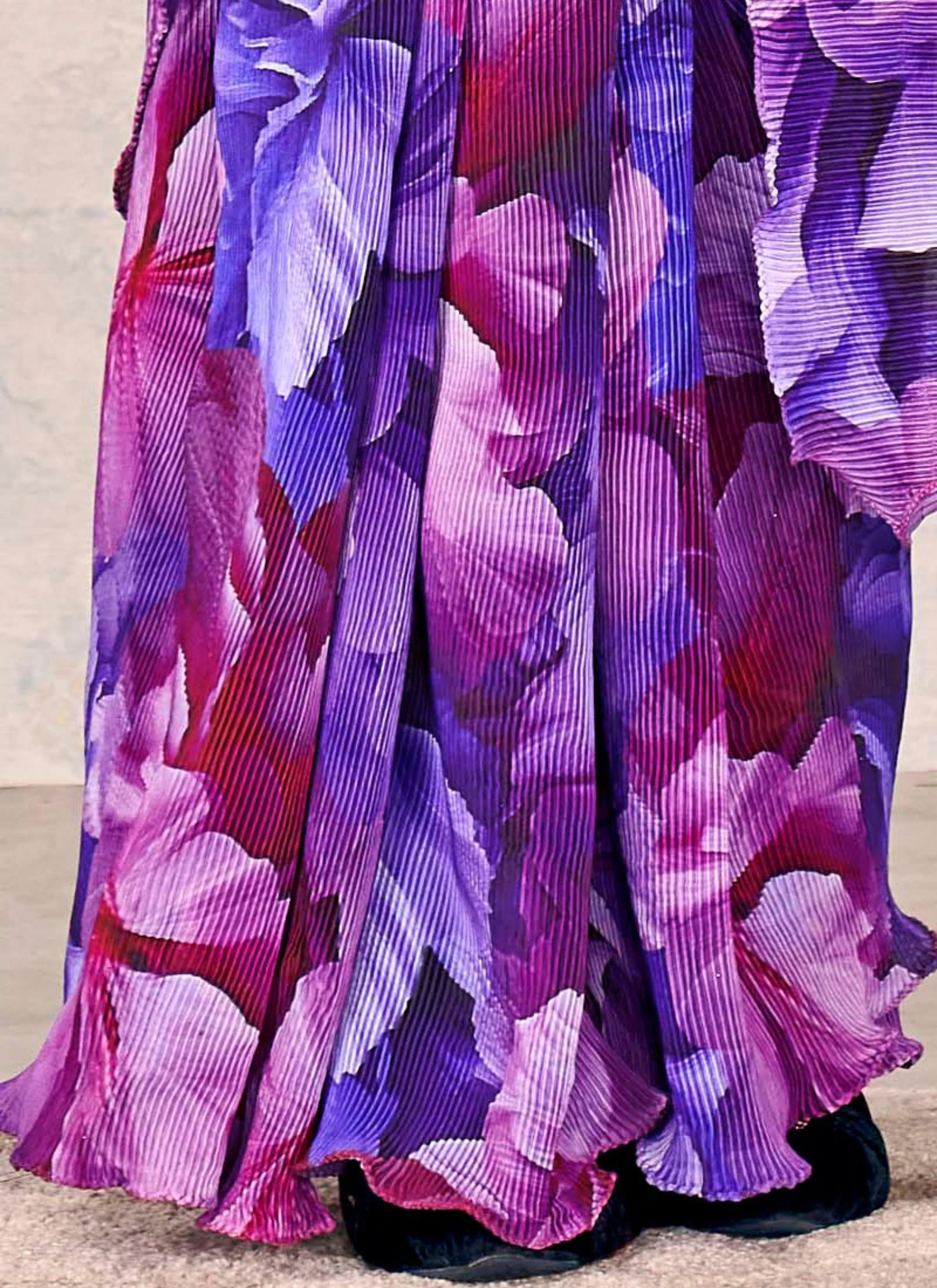 Purple Floral Satin Silk Saree with Velvet Blouse - Image 6
