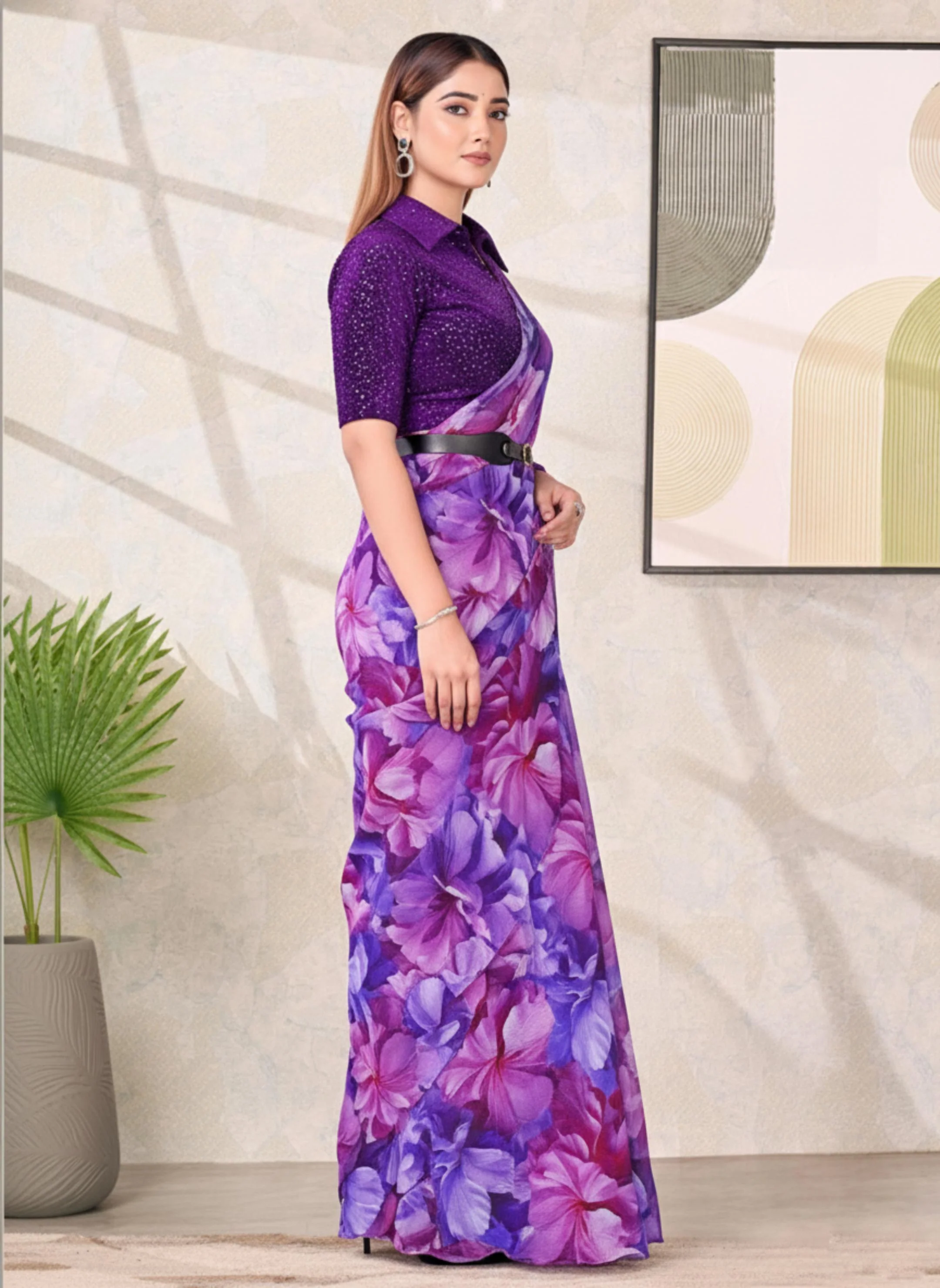 Purple Floral Satin Silk Saree with Velvet Blouse - Image 7