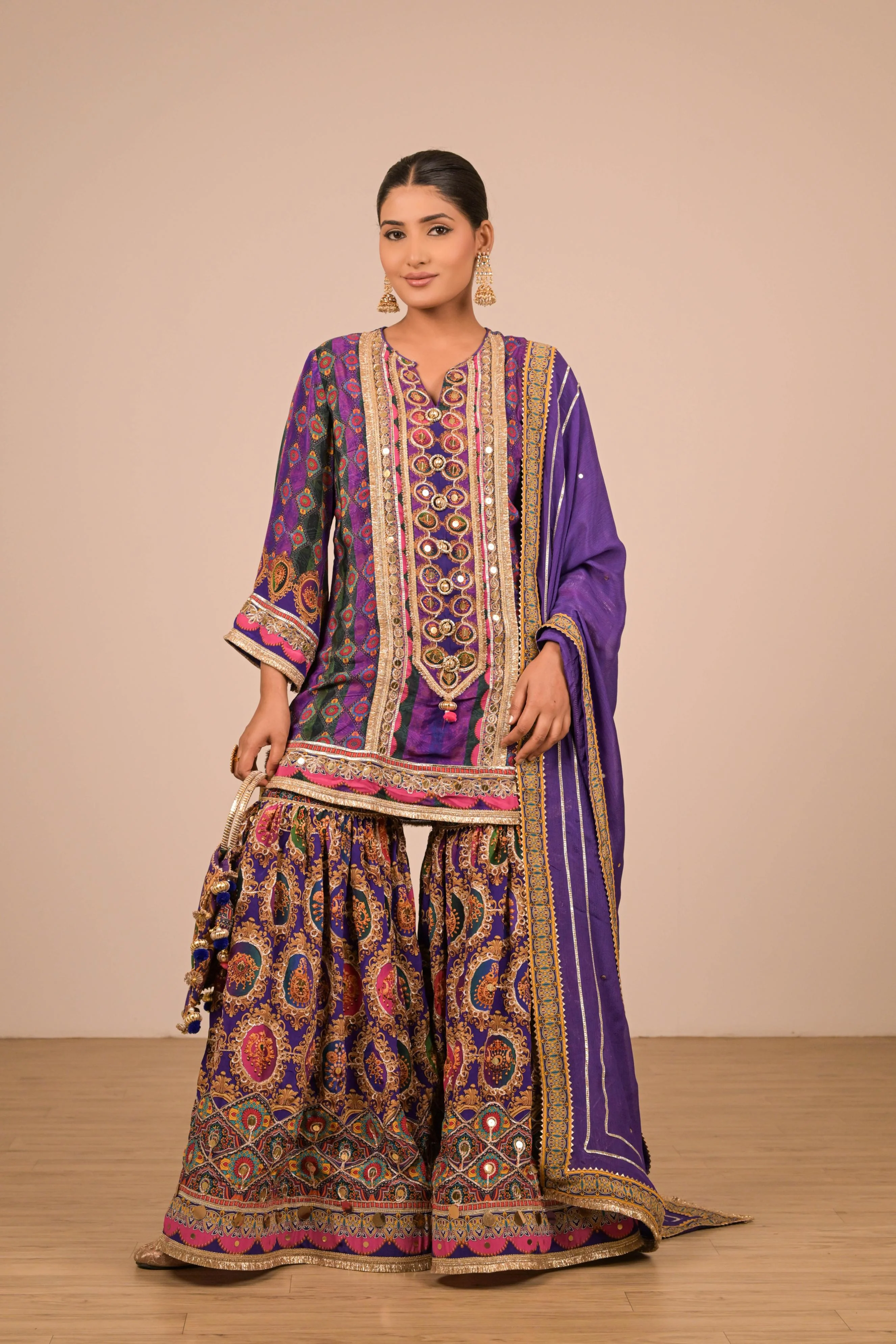Purple-Green Printed Sharara Set