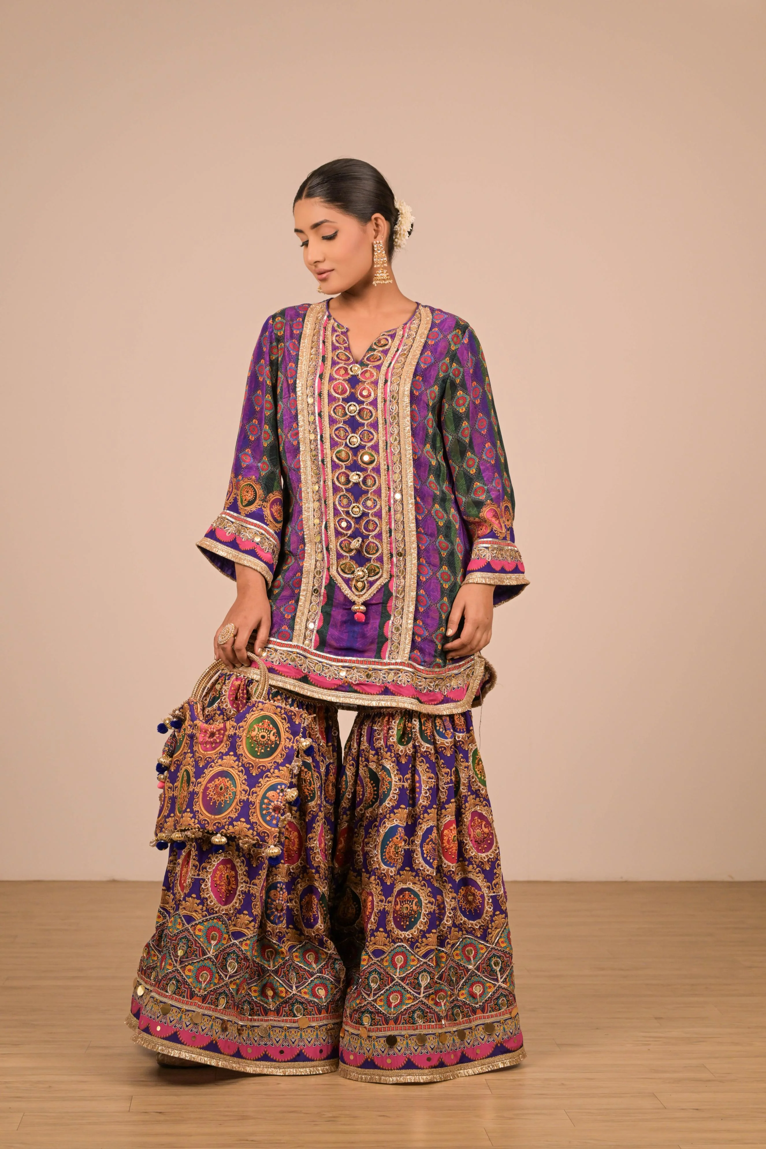 Purple-Green Printed Sharara Set - Image 3