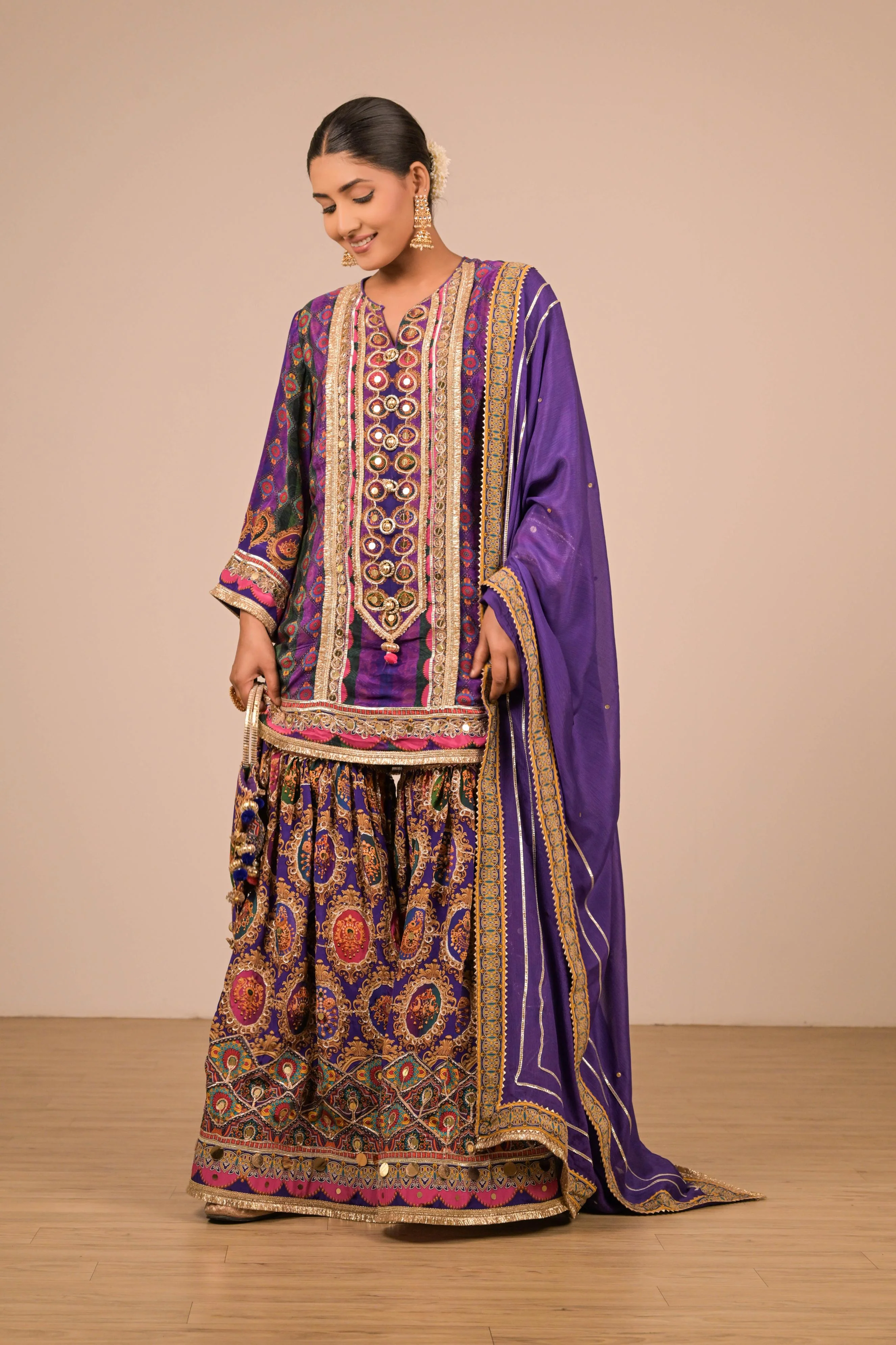 Purple-Green Printed Sharara Set - Image 4