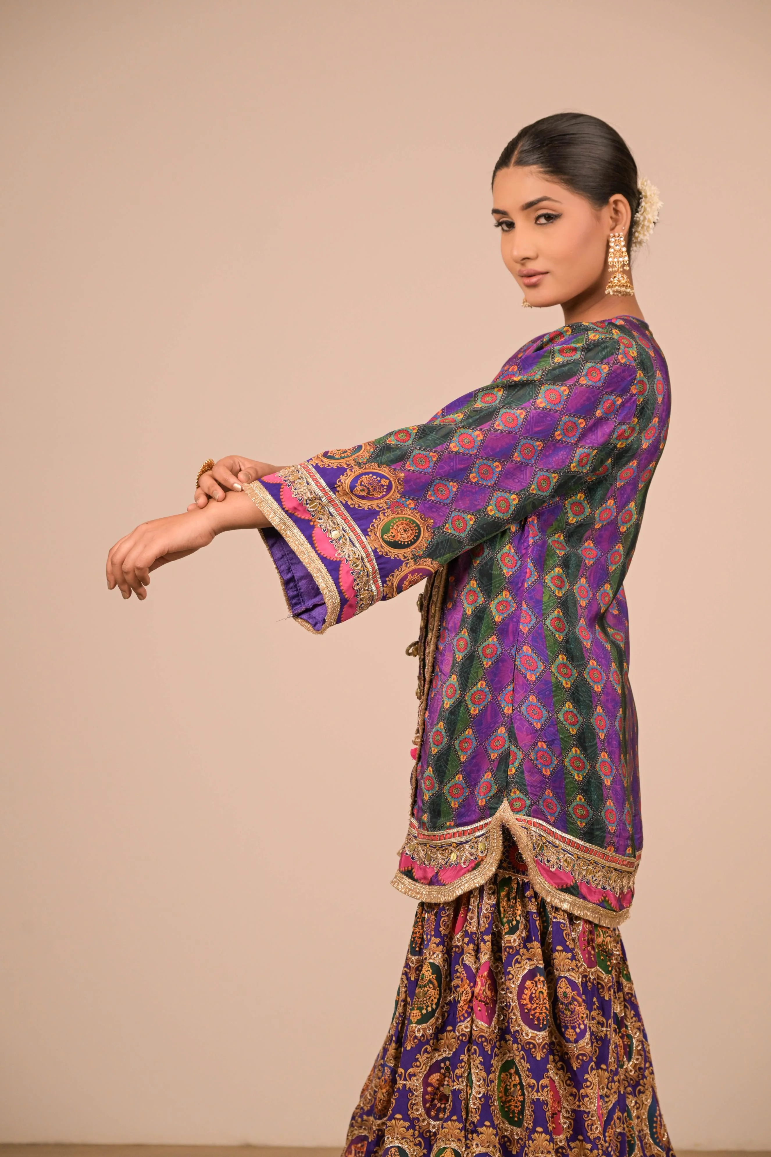 Purple-Green Printed Sharara Set - Image 6