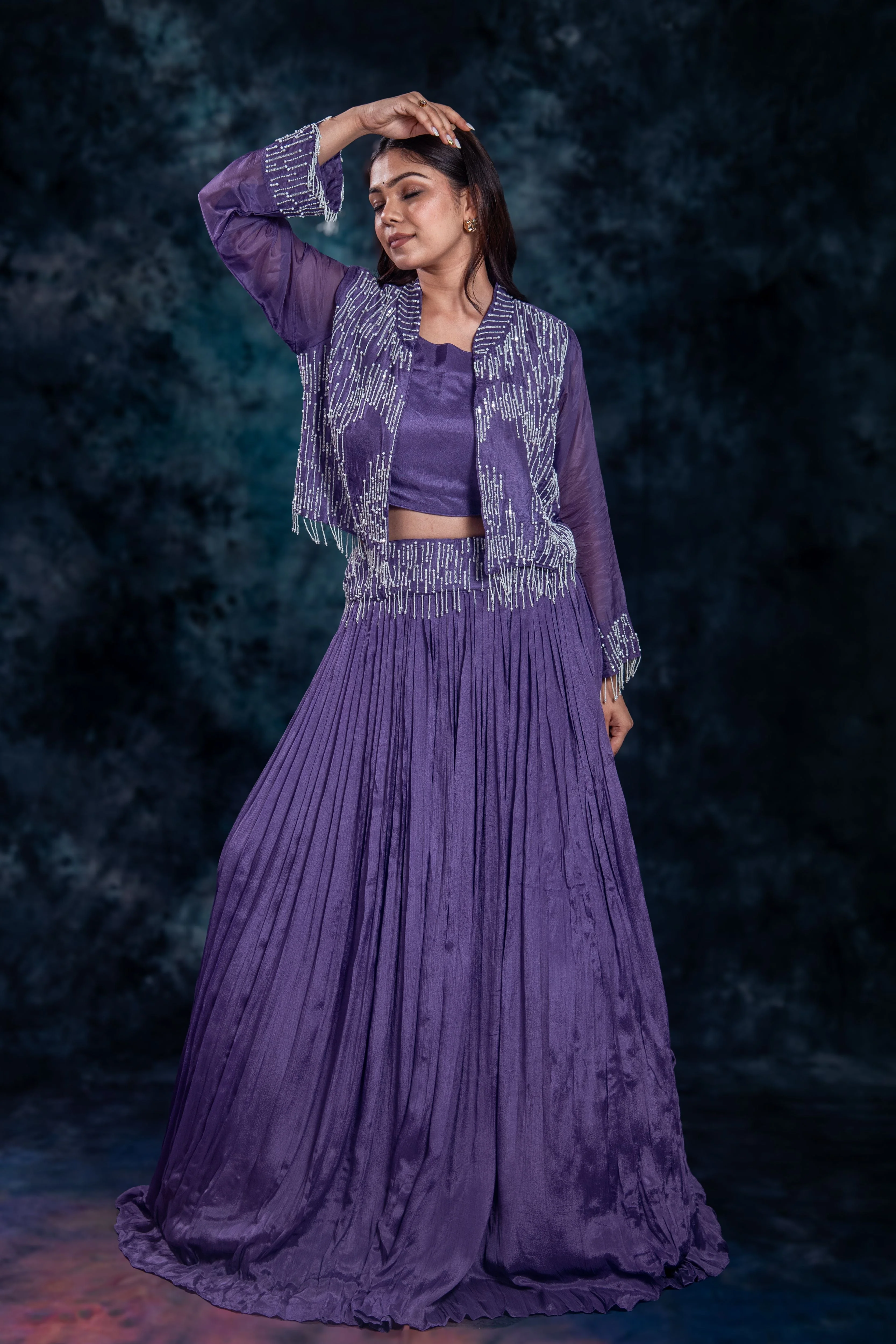 Purple Embellished Chinon Silk Skirt Set - Image 2