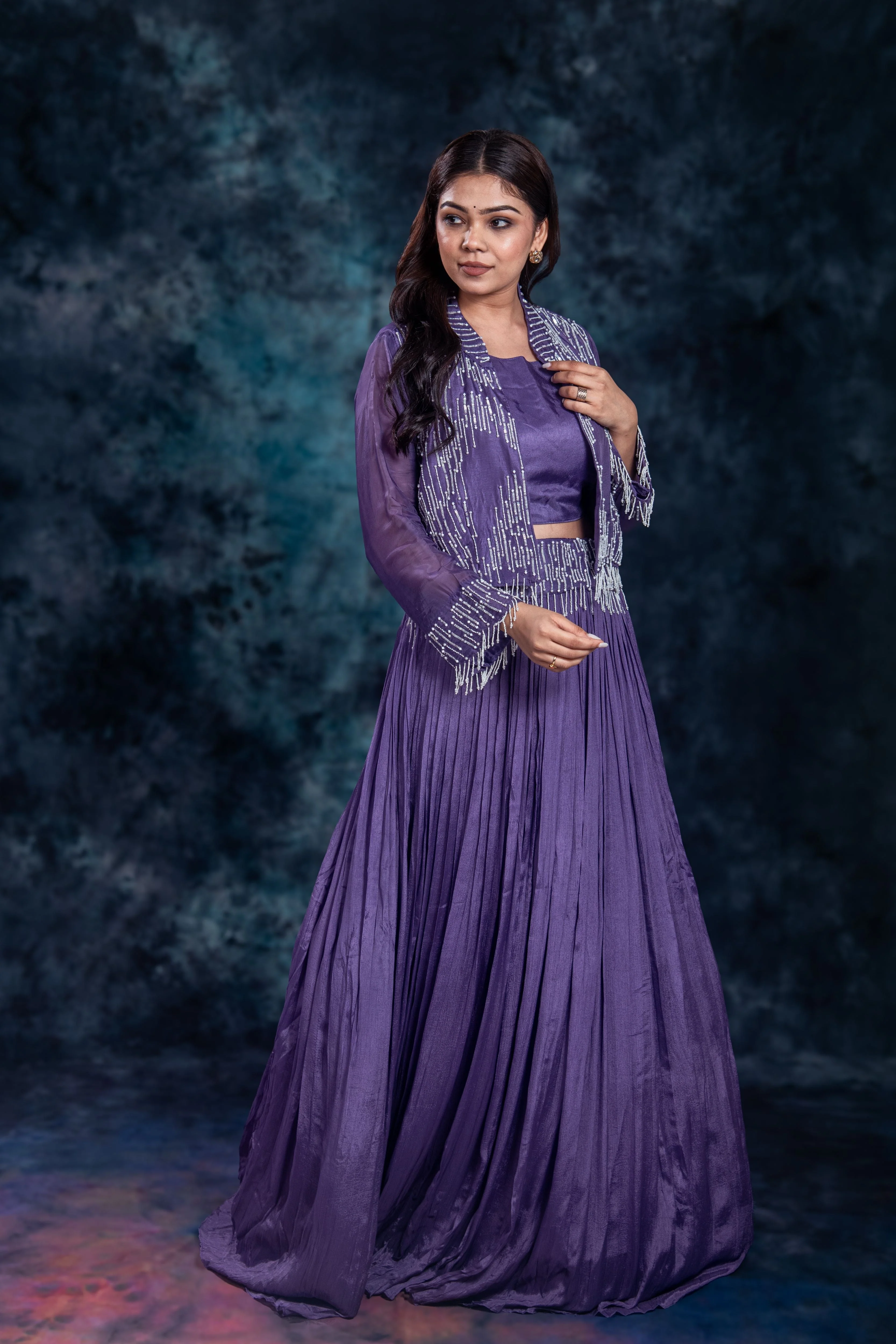 Purple Embellished Chinon Silk Skirt Set - Image 3