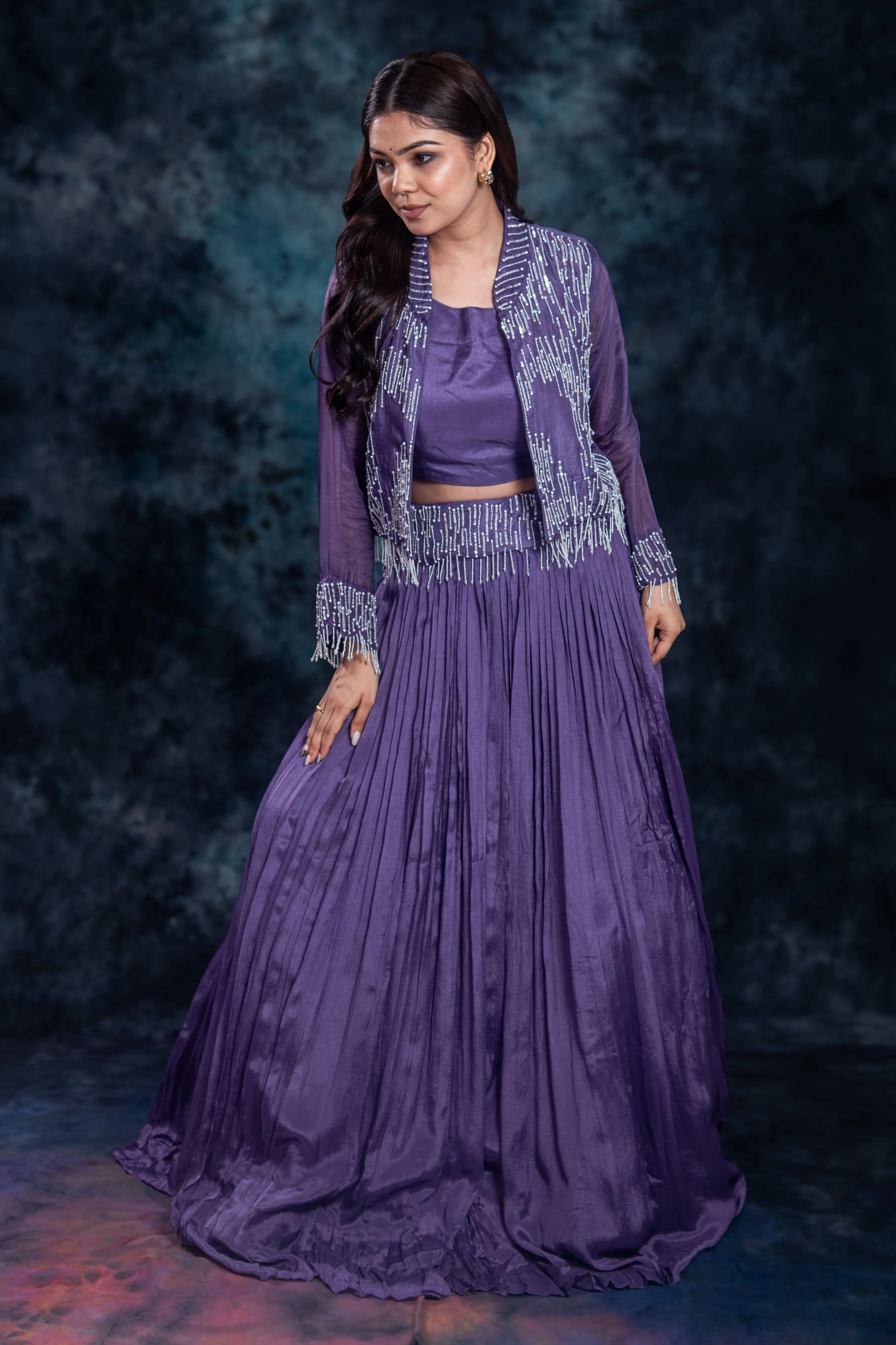 Purple Embellished Chinon Silk Skirt Set - Image 4