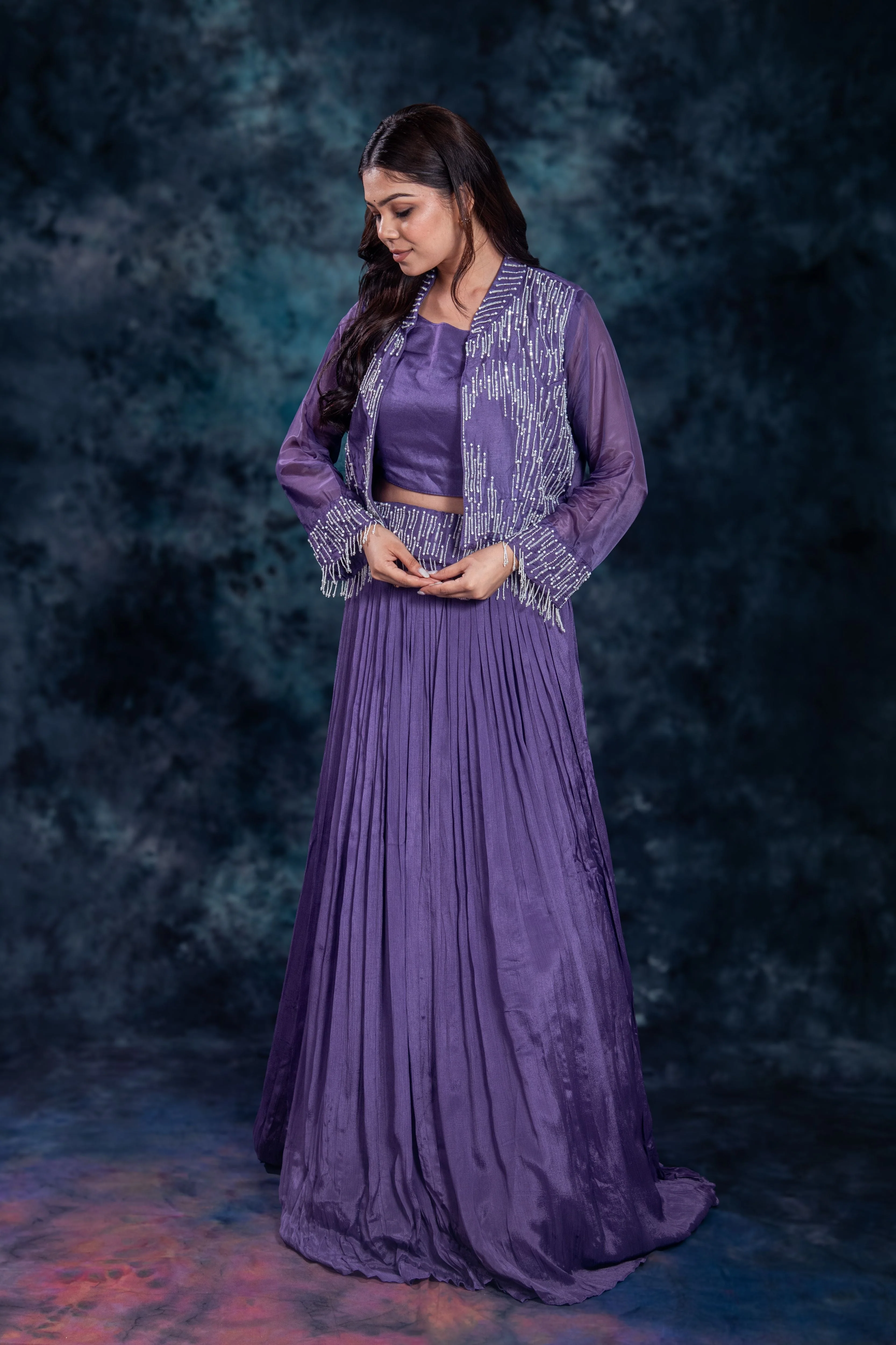 Purple Embellished Chinon Silk Skirt Set - Image 5