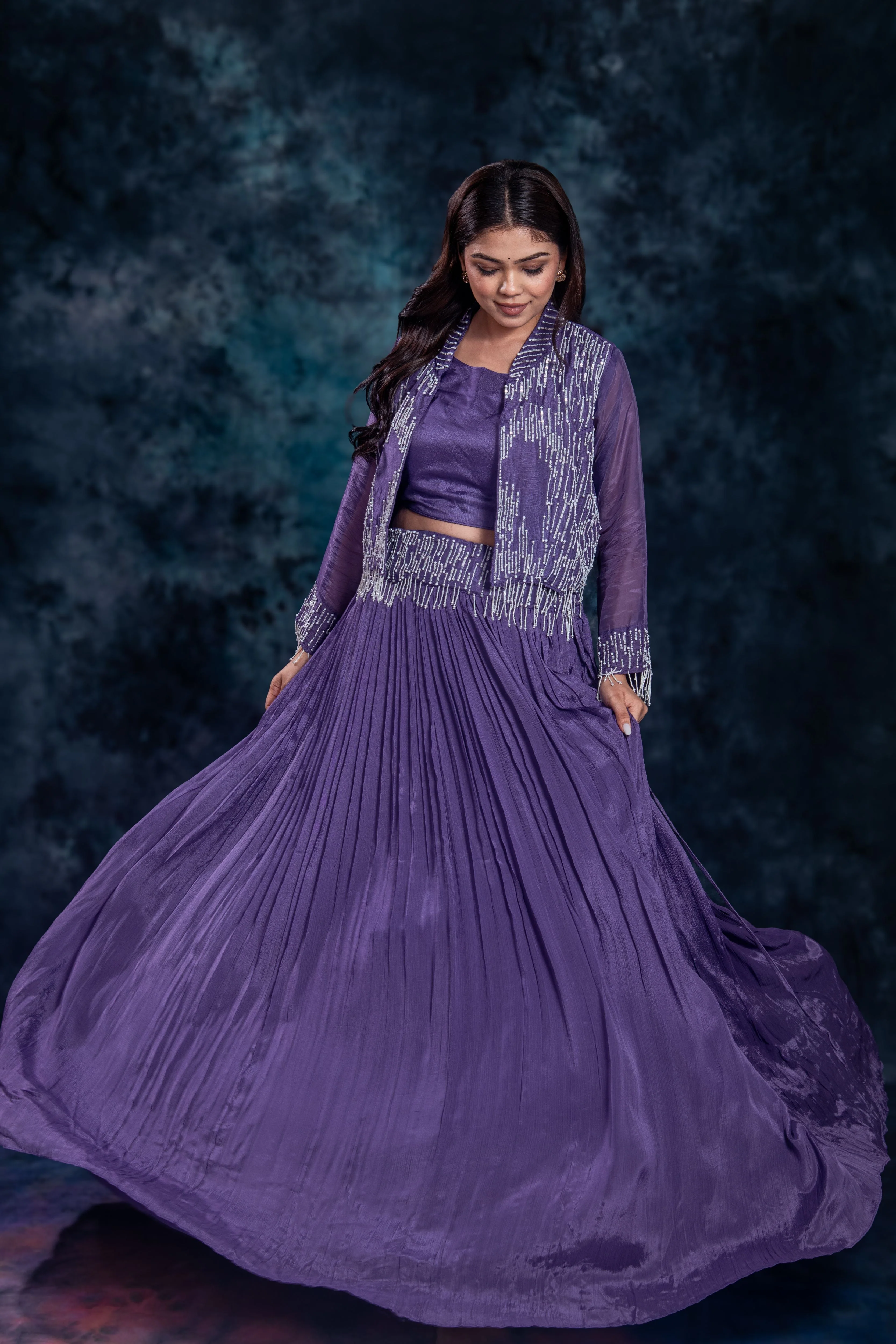 Purple Embellished Chinon Silk Skirt Set - Image 6
