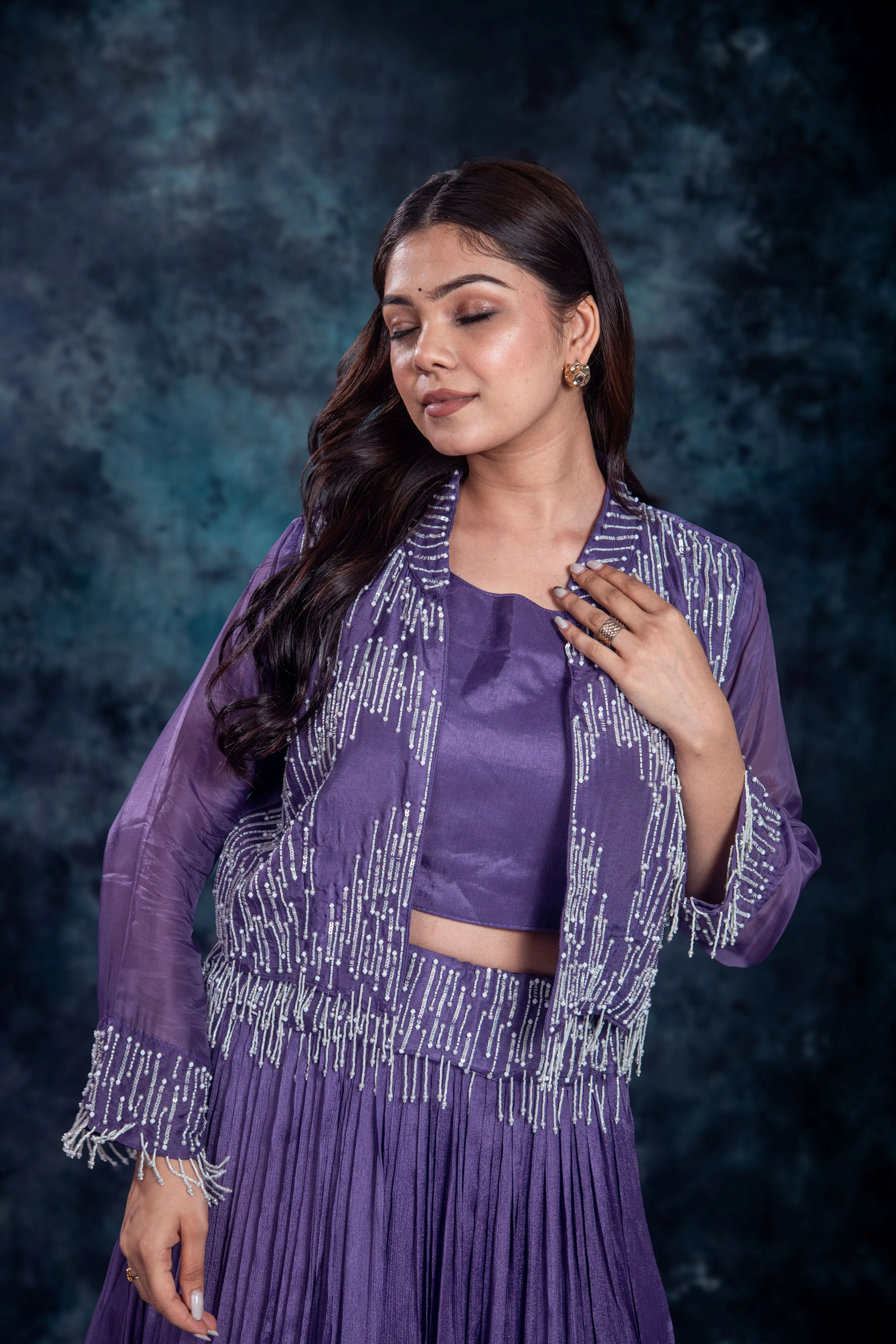 Purple Embellished Chinon Silk Skirt Set - Image 7