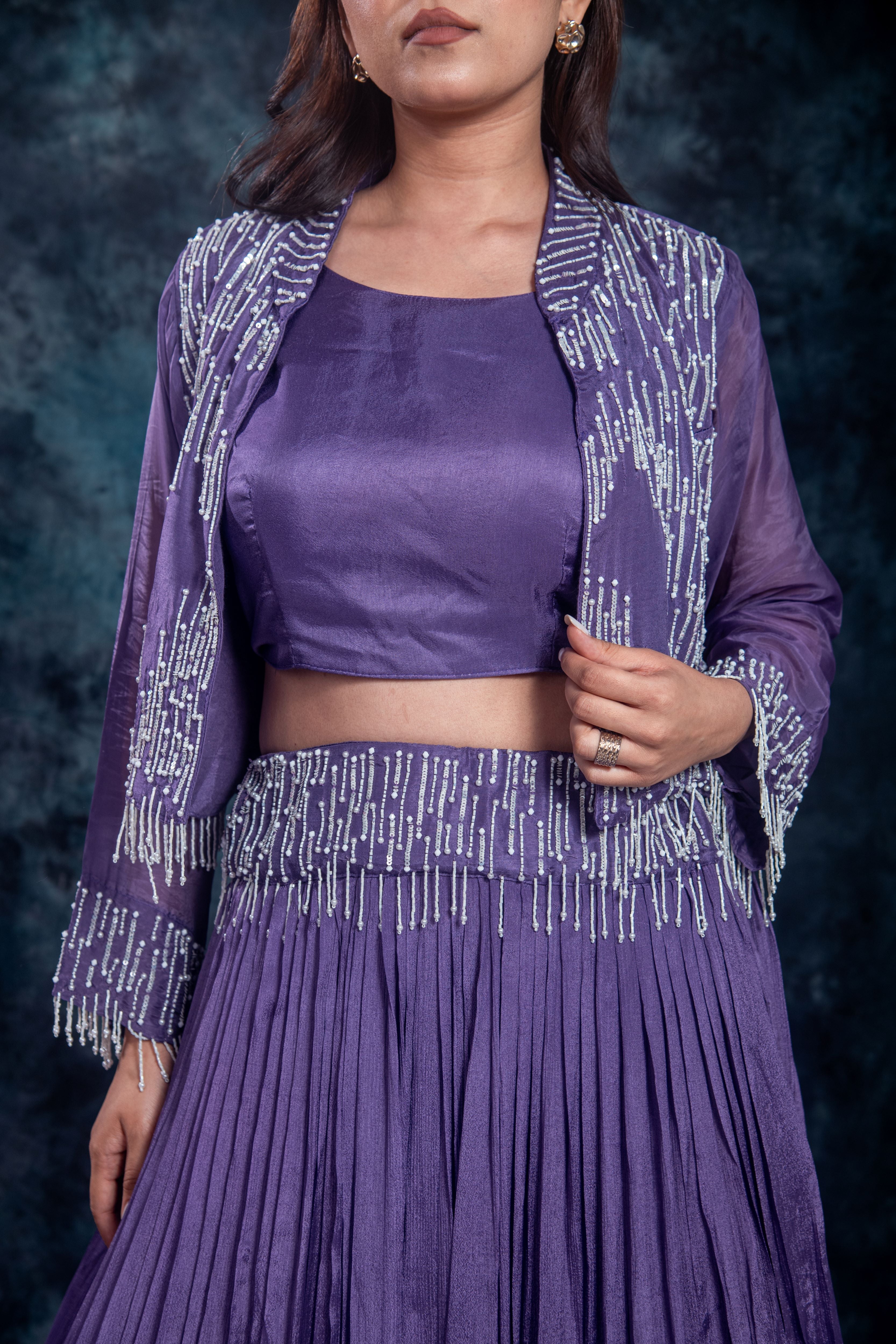Purple Embellished Chinon Silk Skirt Set - Image 8