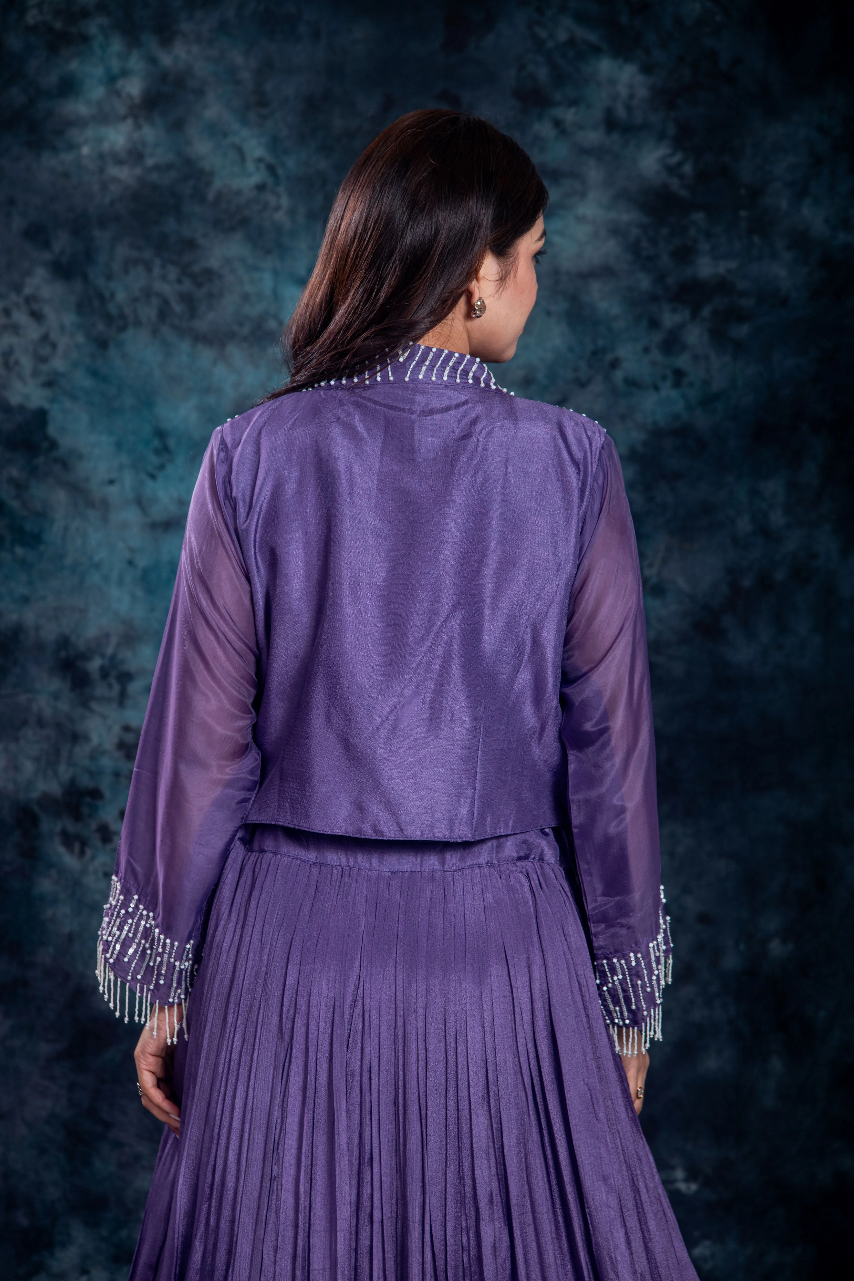 Purple Embellished Chinon Silk Skirt Set - Image 9