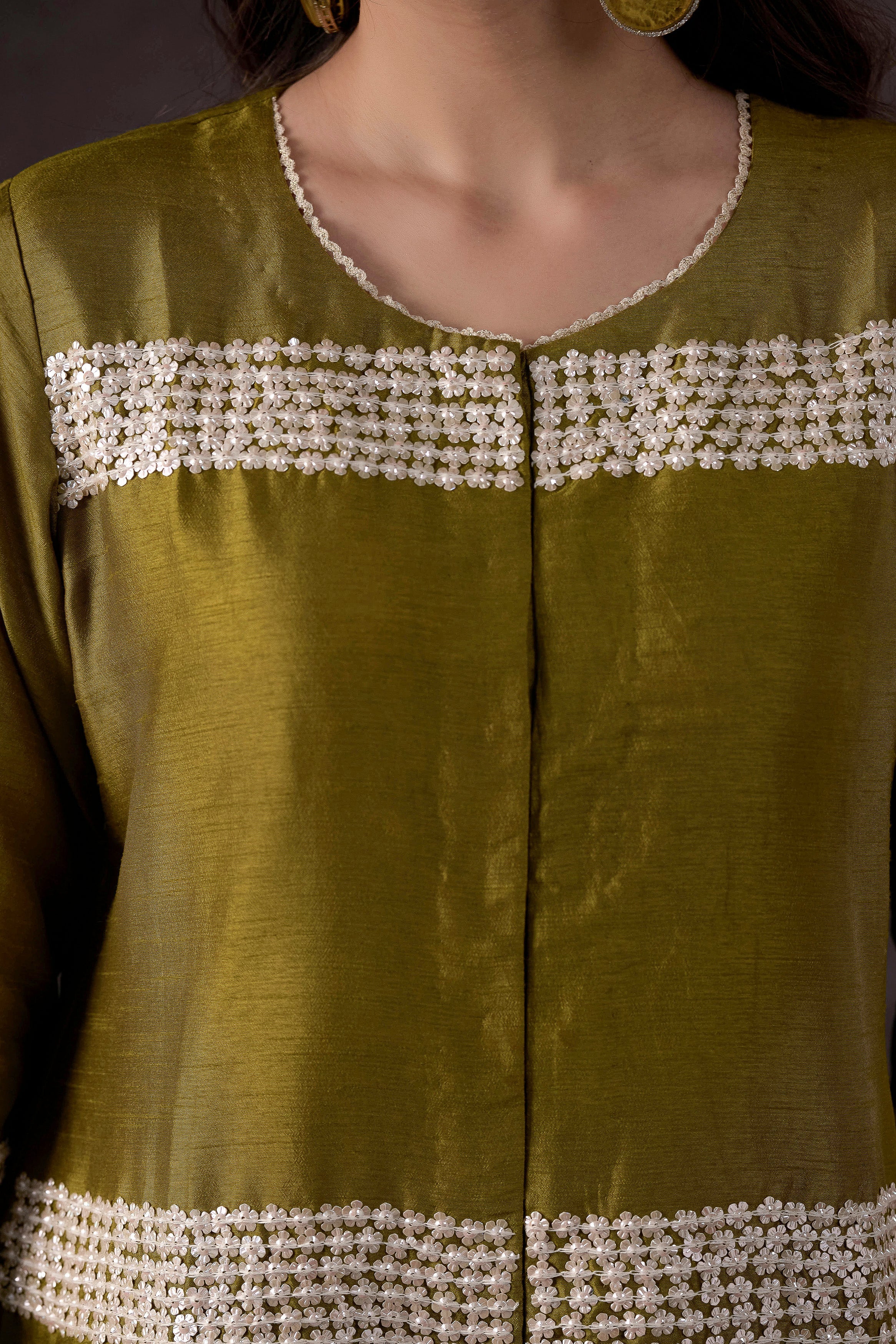 Olive Green Embellished Raw Silk Kurta Set - Image 2