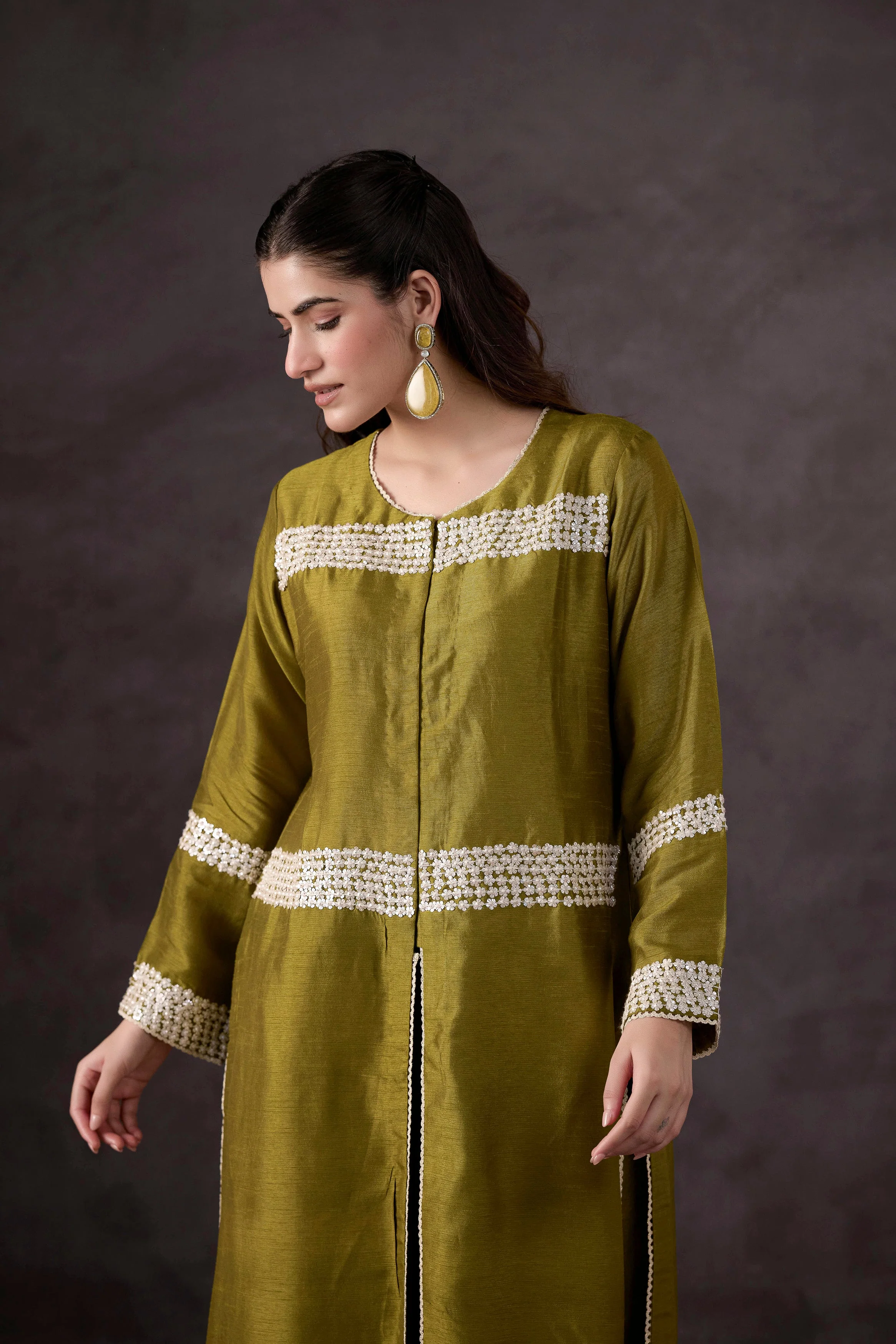 Olive Green Embellished Raw Silk Kurta Set - Image 3