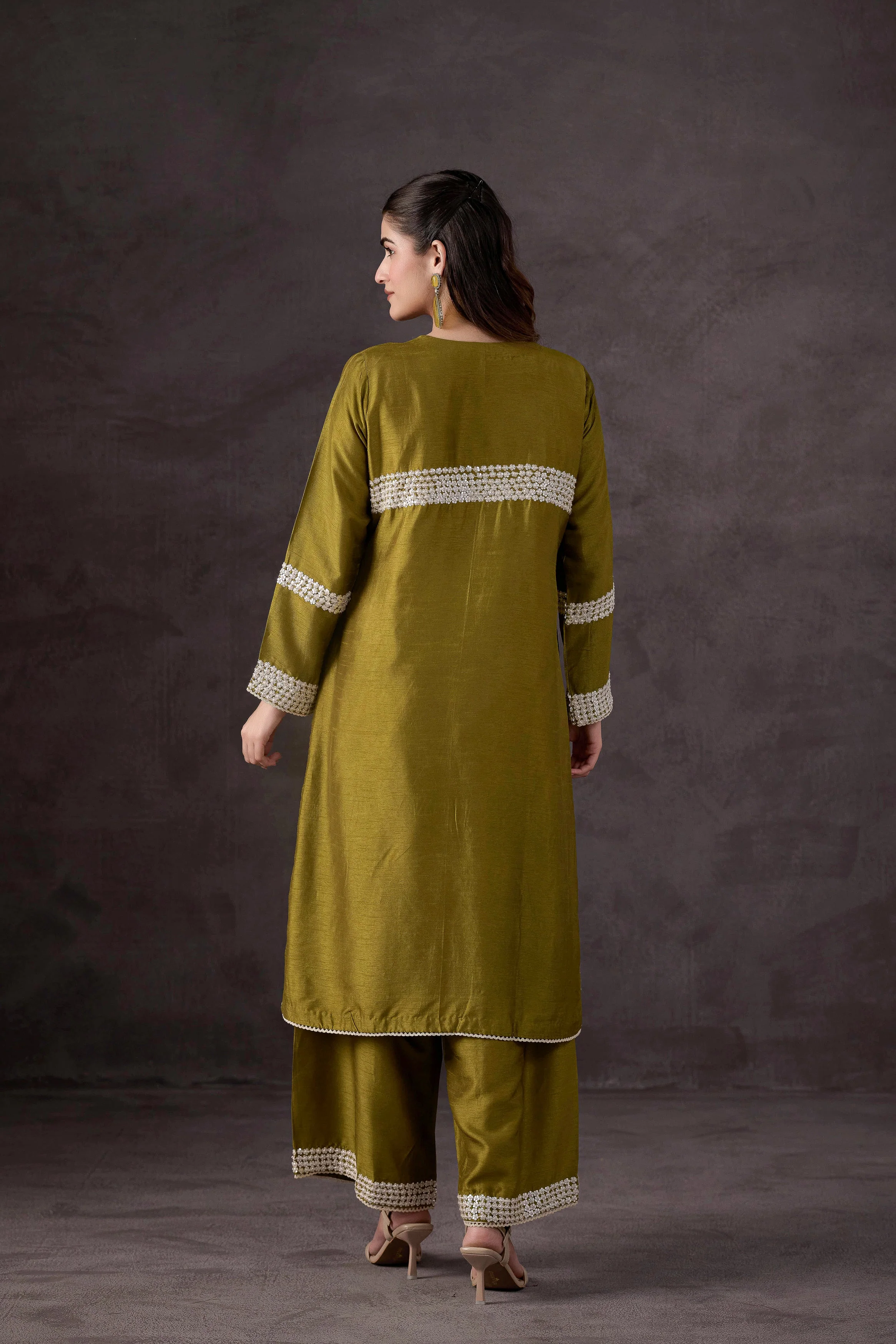 Olive Green Embellished Raw Silk Kurta Set - Image 5