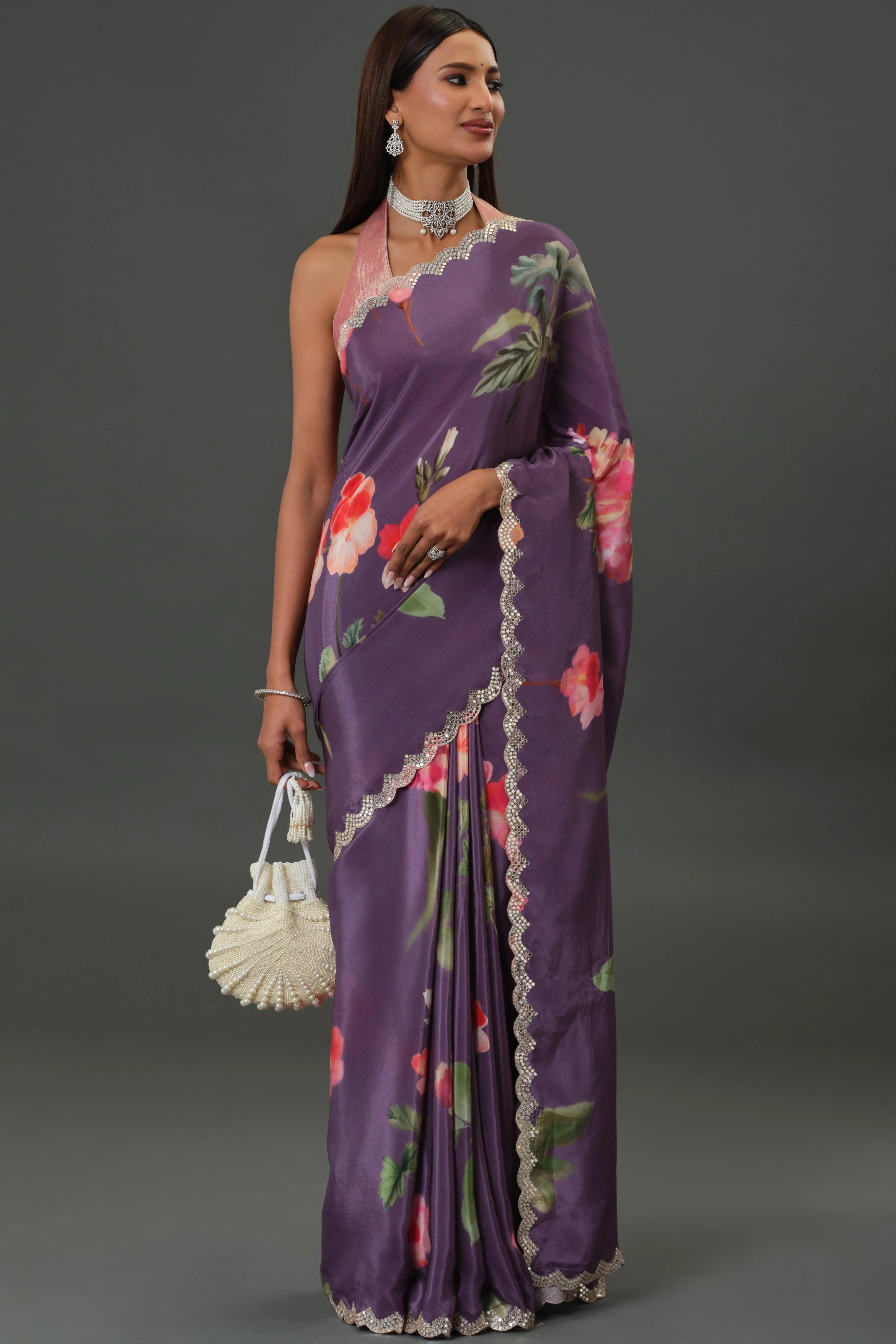 Purple Floral Printed Crepe Silk Saree - Image 2