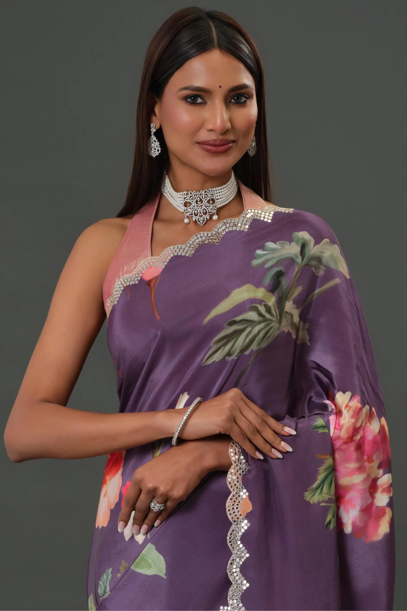 Purple Floral Printed Crepe Silk Saree - Image 5