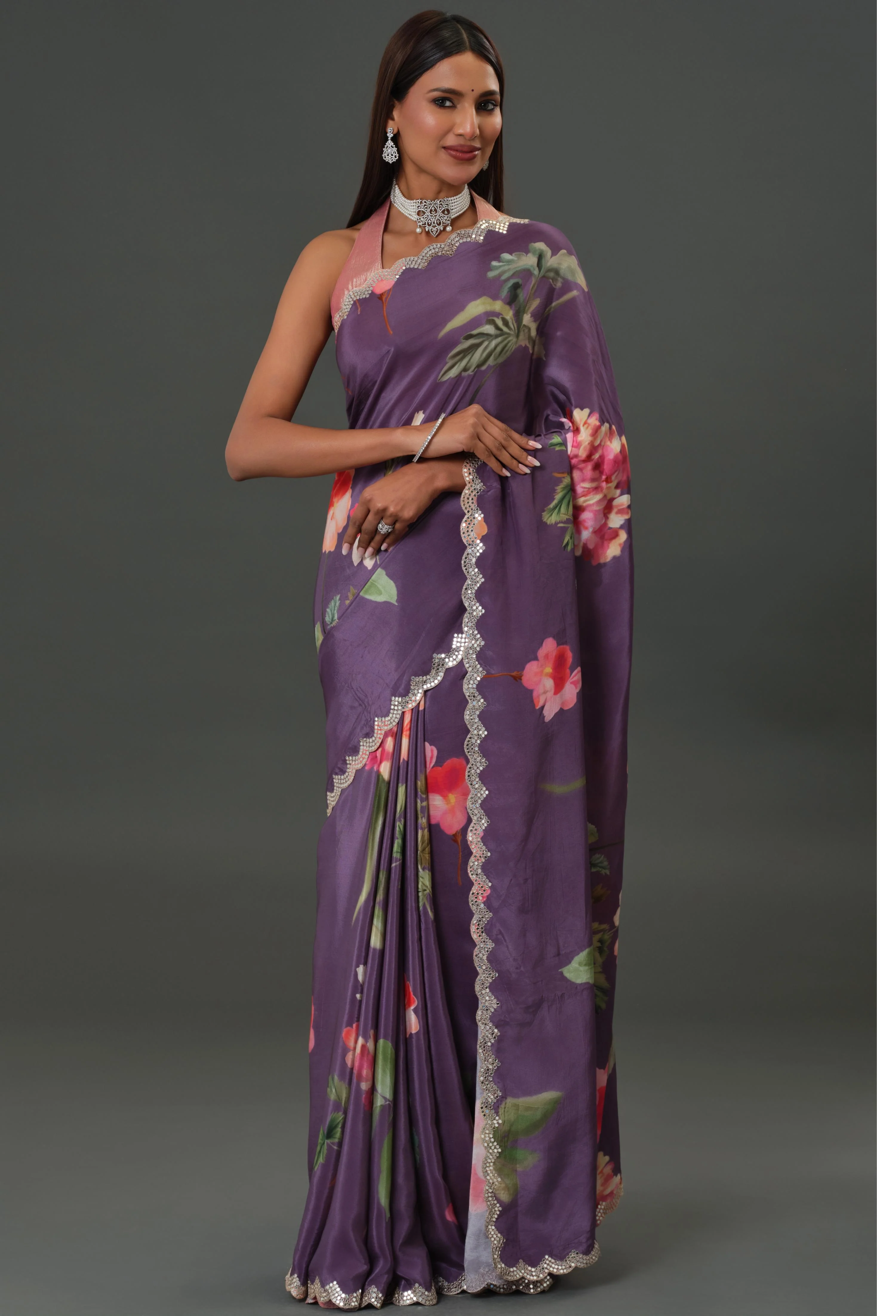 Purple Floral Printed Crepe Silk Saree - Image 7