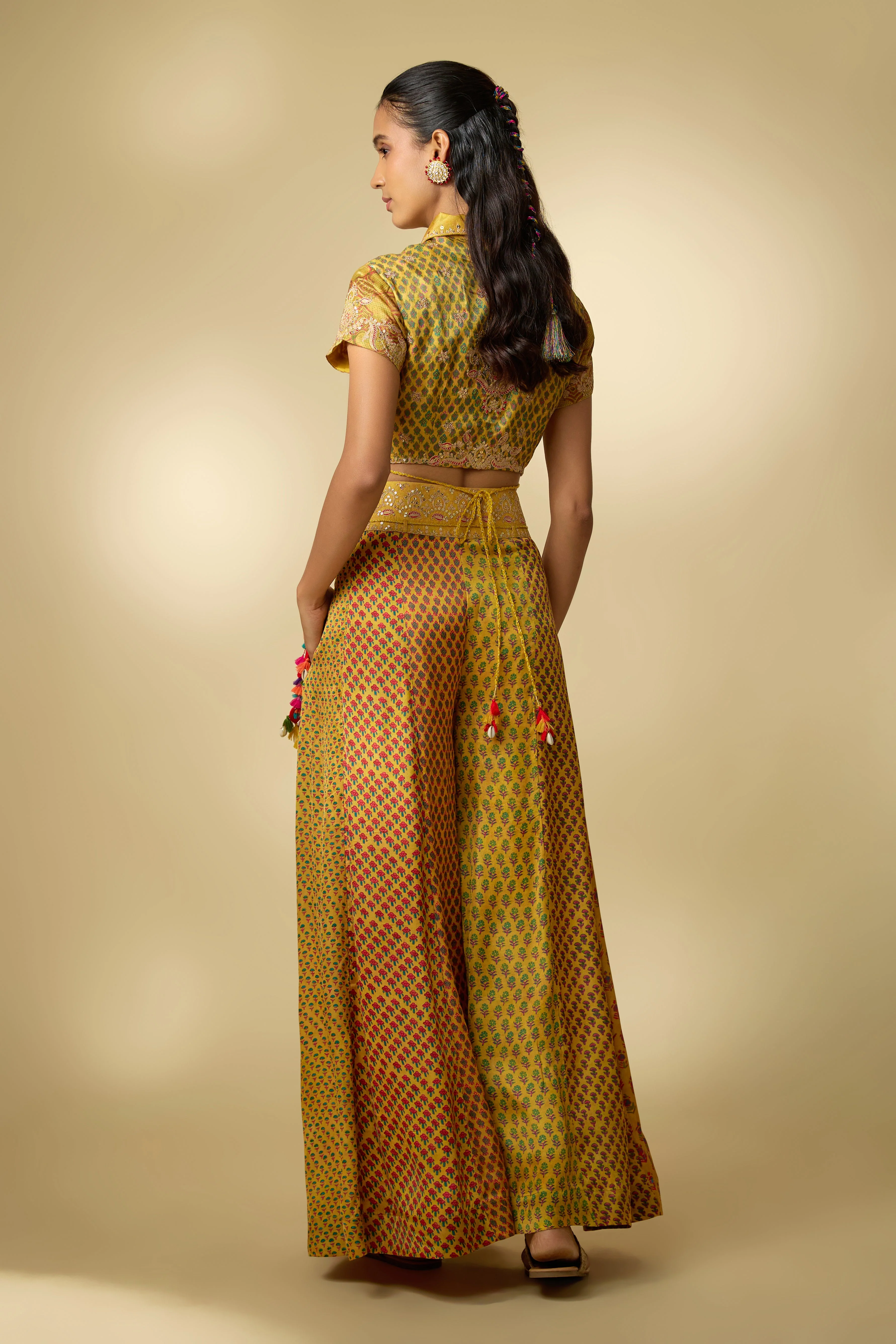 Mustard Yellow Printed Slub Cotton Silk Tunic Co-Ord Set - Image 4