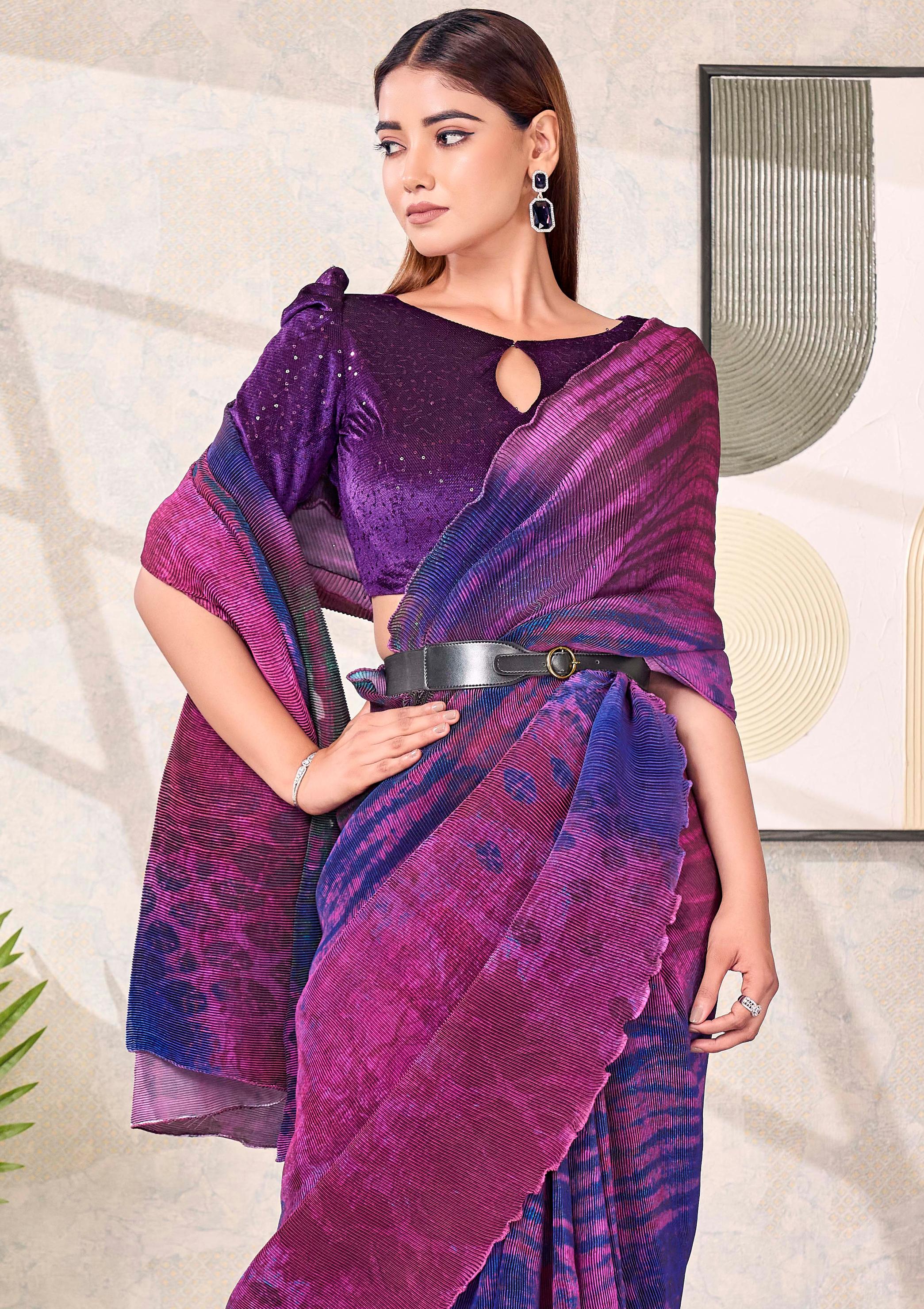 Purple Satin Silk Saree with Belt - Image 3